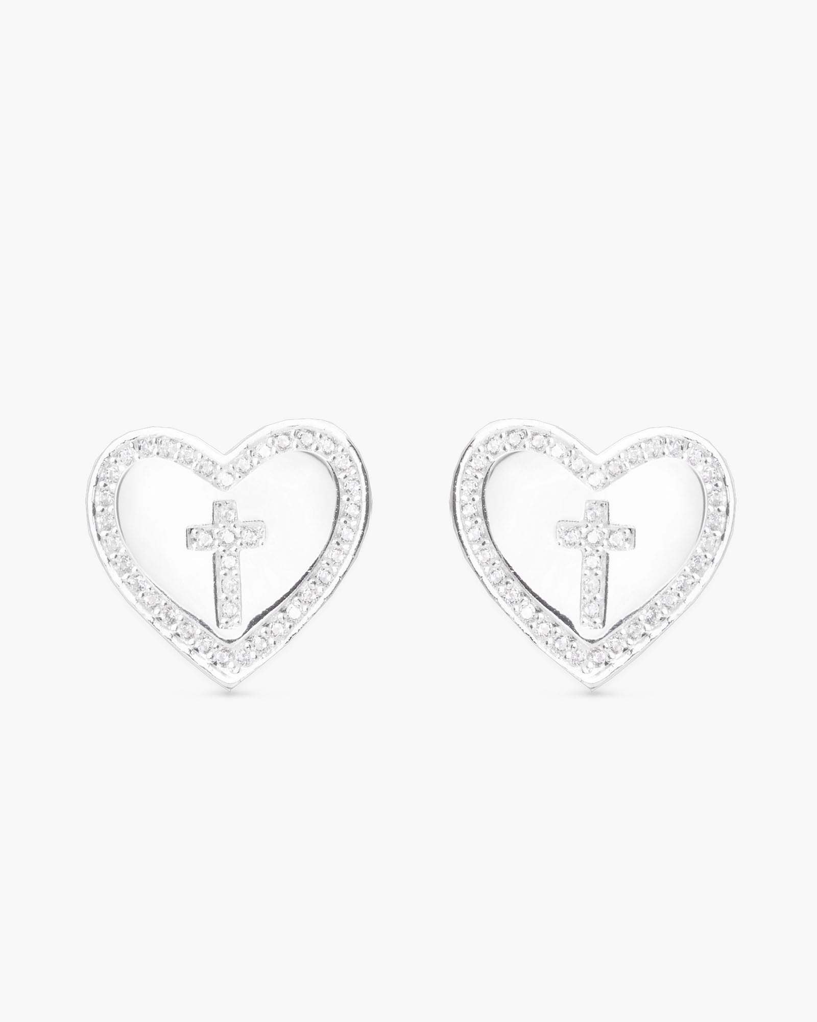 Cross Heart Stud Earrings - Silver