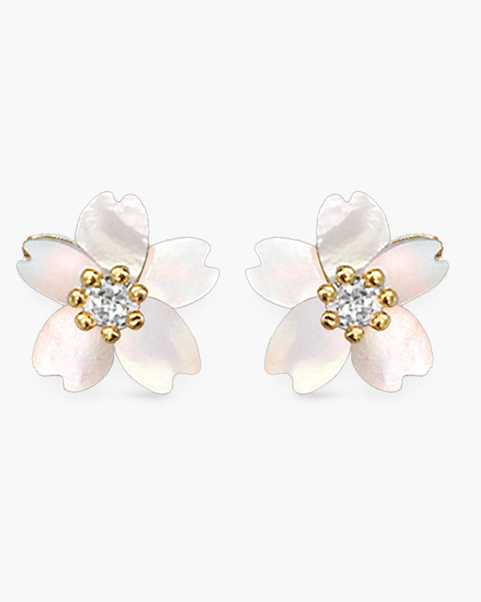 Mother of Pearl Petal Earrings with CZ Crystals - Gold