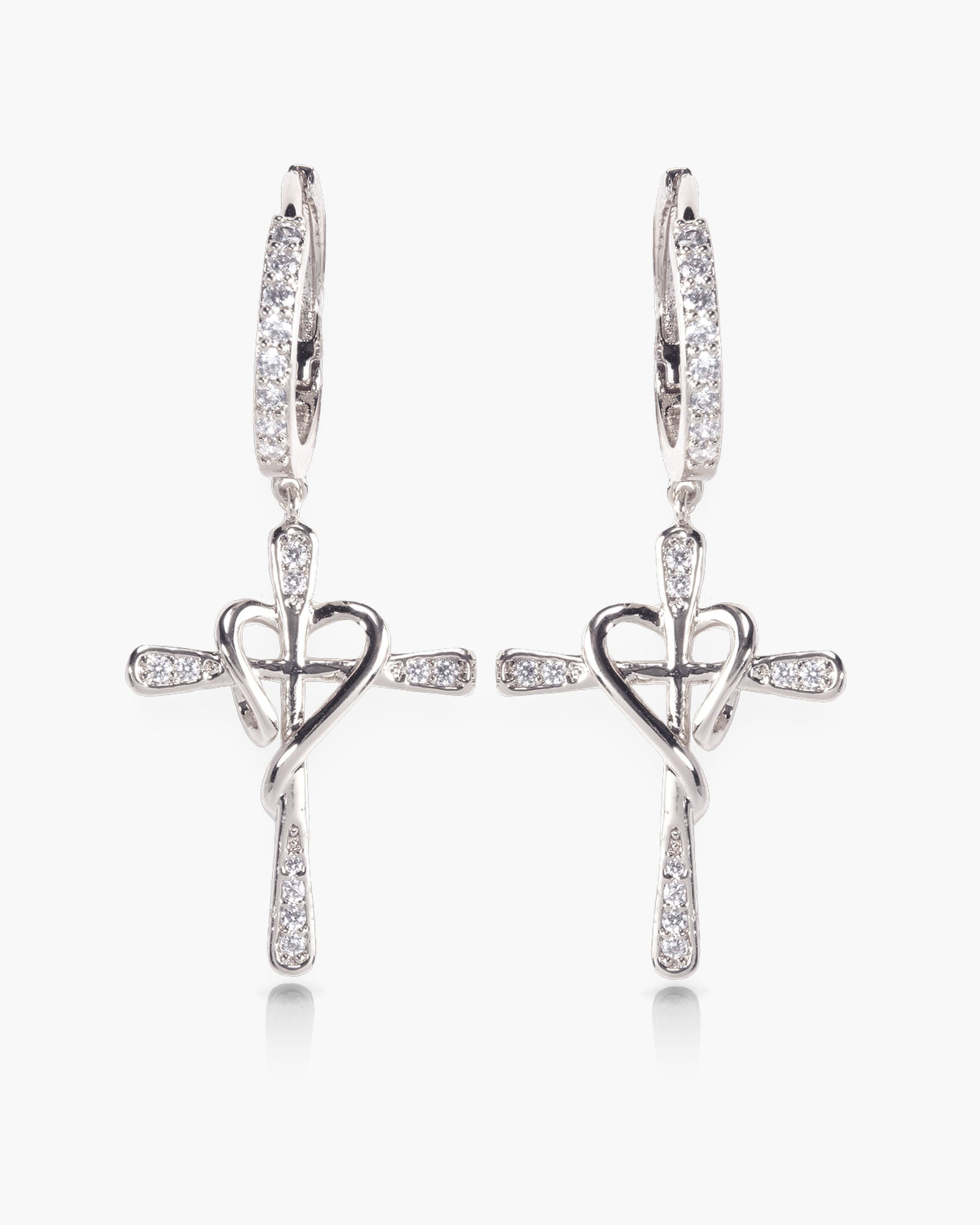Pave Cross Heart Earrings with Pave Lever Back - Silver