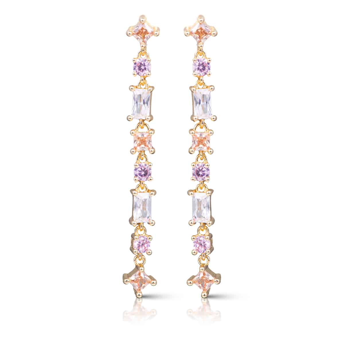 Mixed Shape CZ Long Earrings - Gold / Pink / Clear - Gold