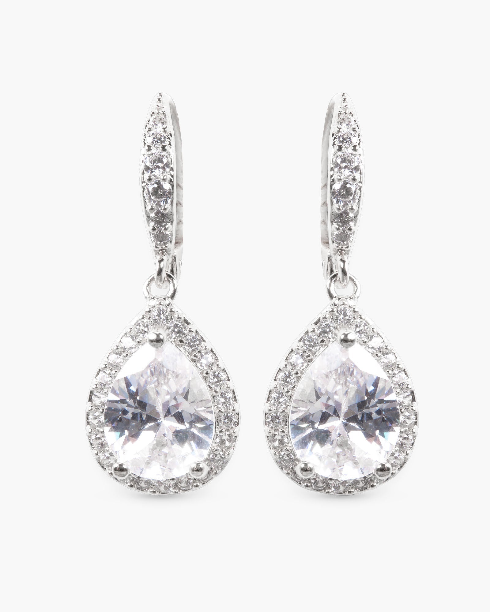 Timeless Radiance CZ Lever-Back Teardrop Earrings with Halo - Silver