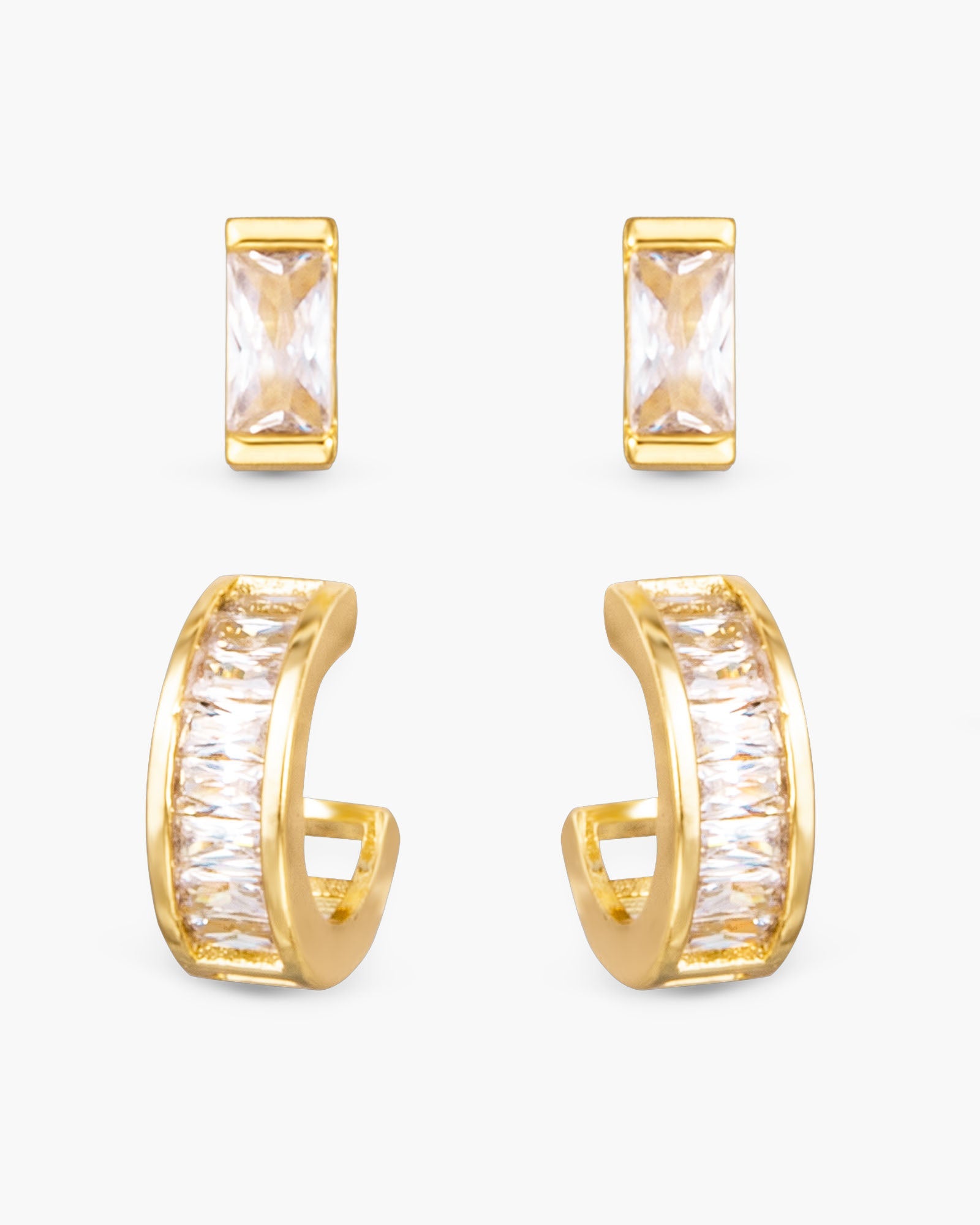 CZ Baguette Huggie and Stud Duo Earrings - Gold