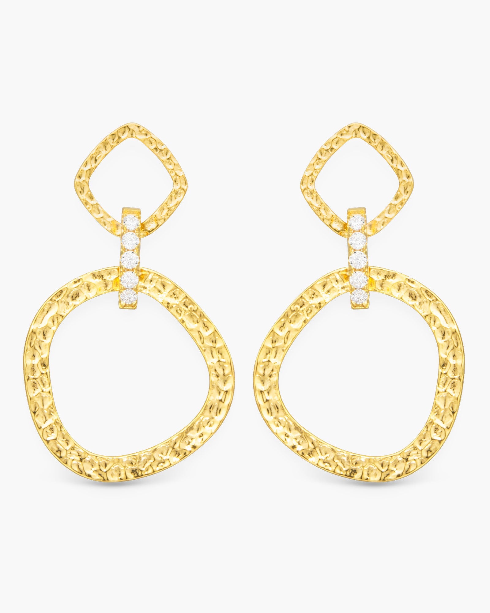 Sydney Polished Hammered Drop w/ white CZ Link Gold Earrings