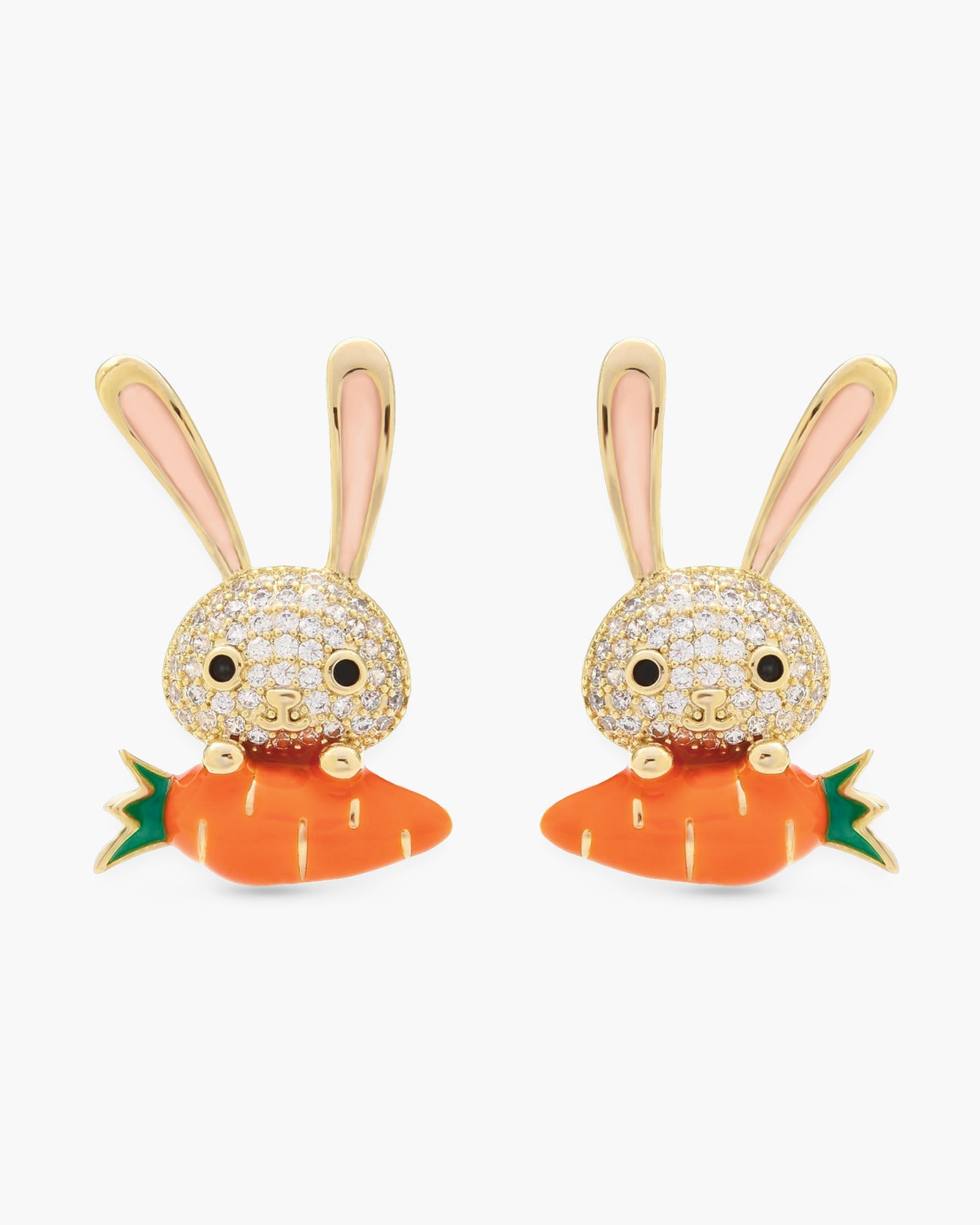 Gold Micro CZ Easter Bunny With Enamel Carrot Earrings