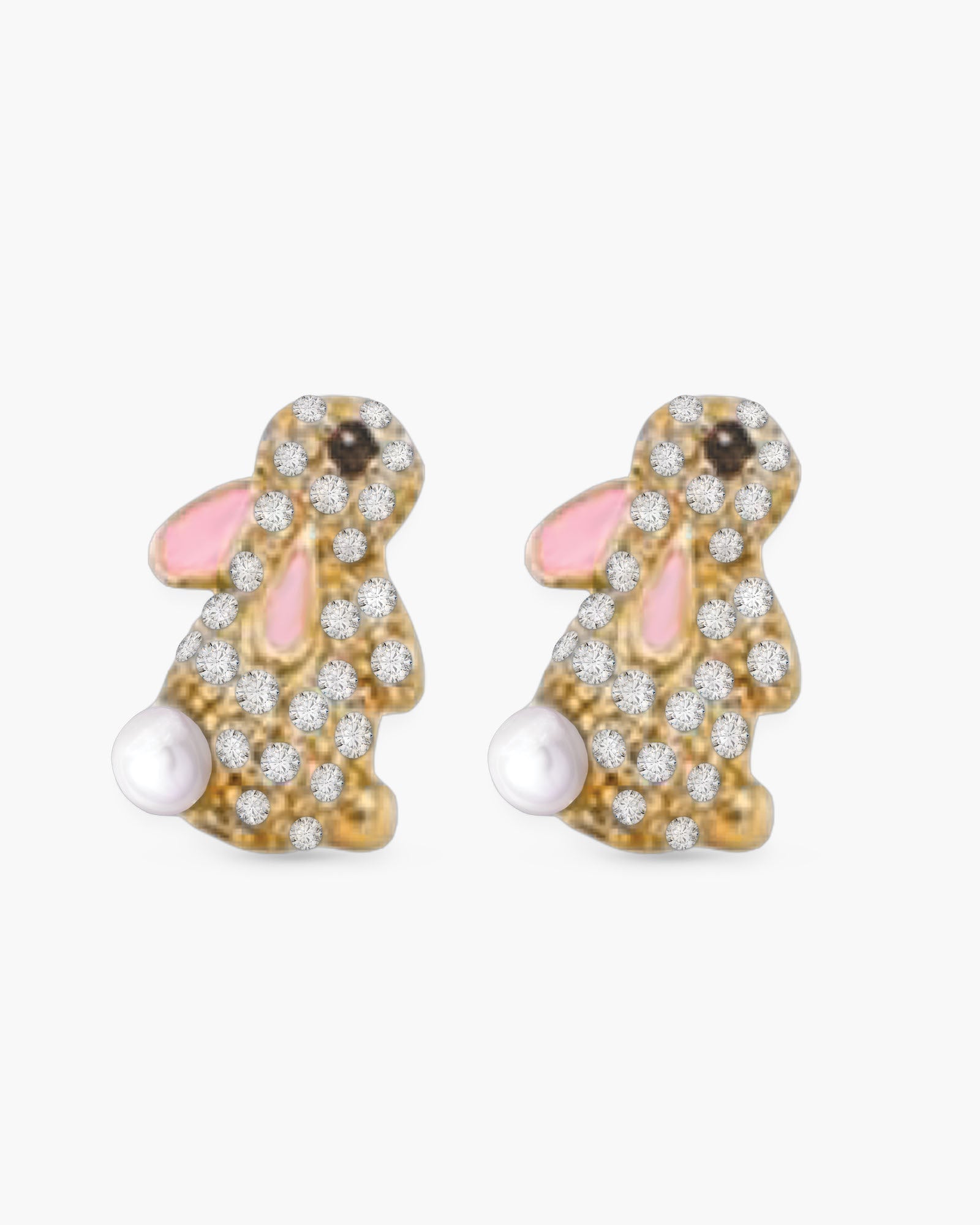 Gold CZ Bunny With Pearl Tail Earrings