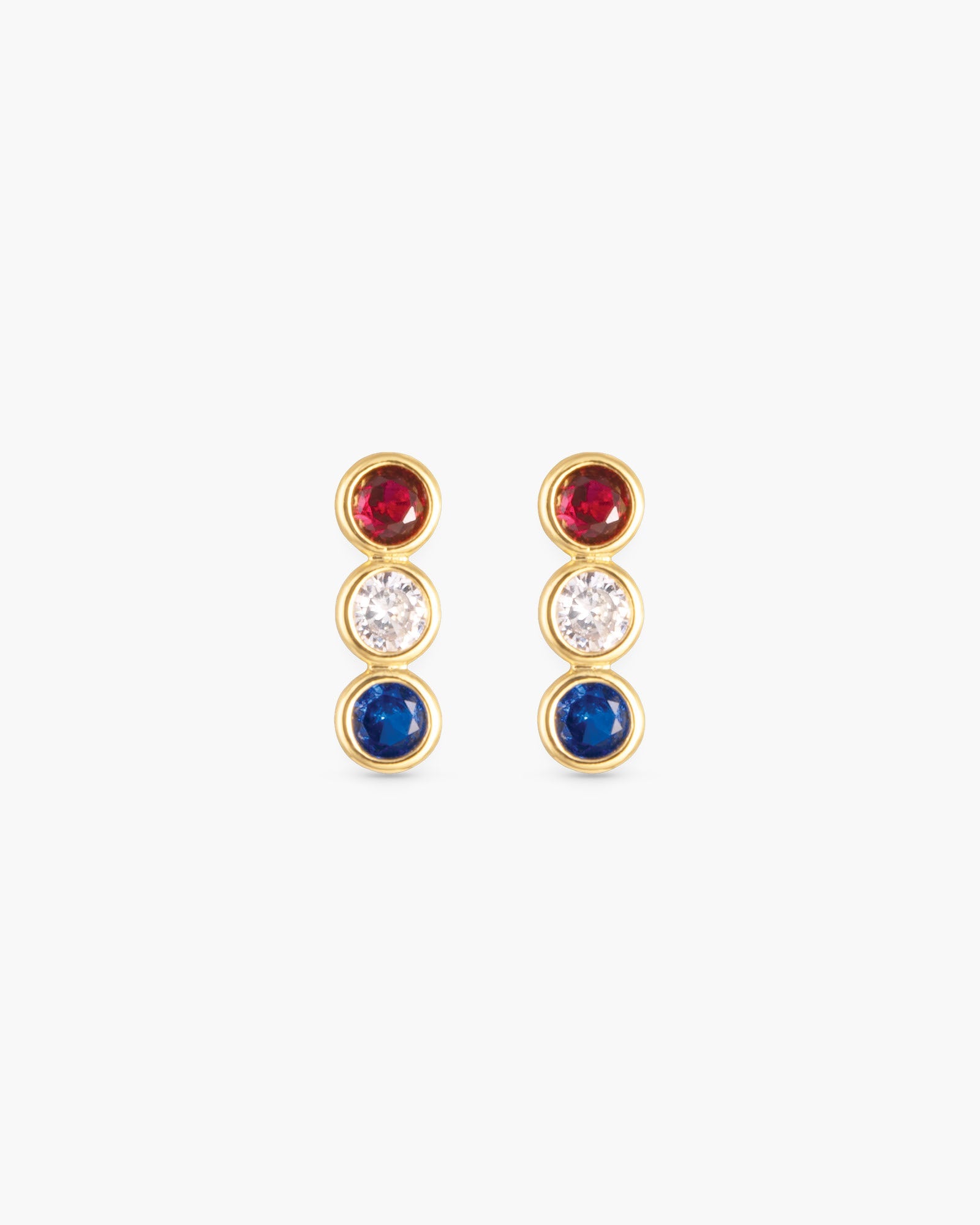 Gold Red White Blue Bezel Set CZ Triplet Earrings | 4th of July Jewelry