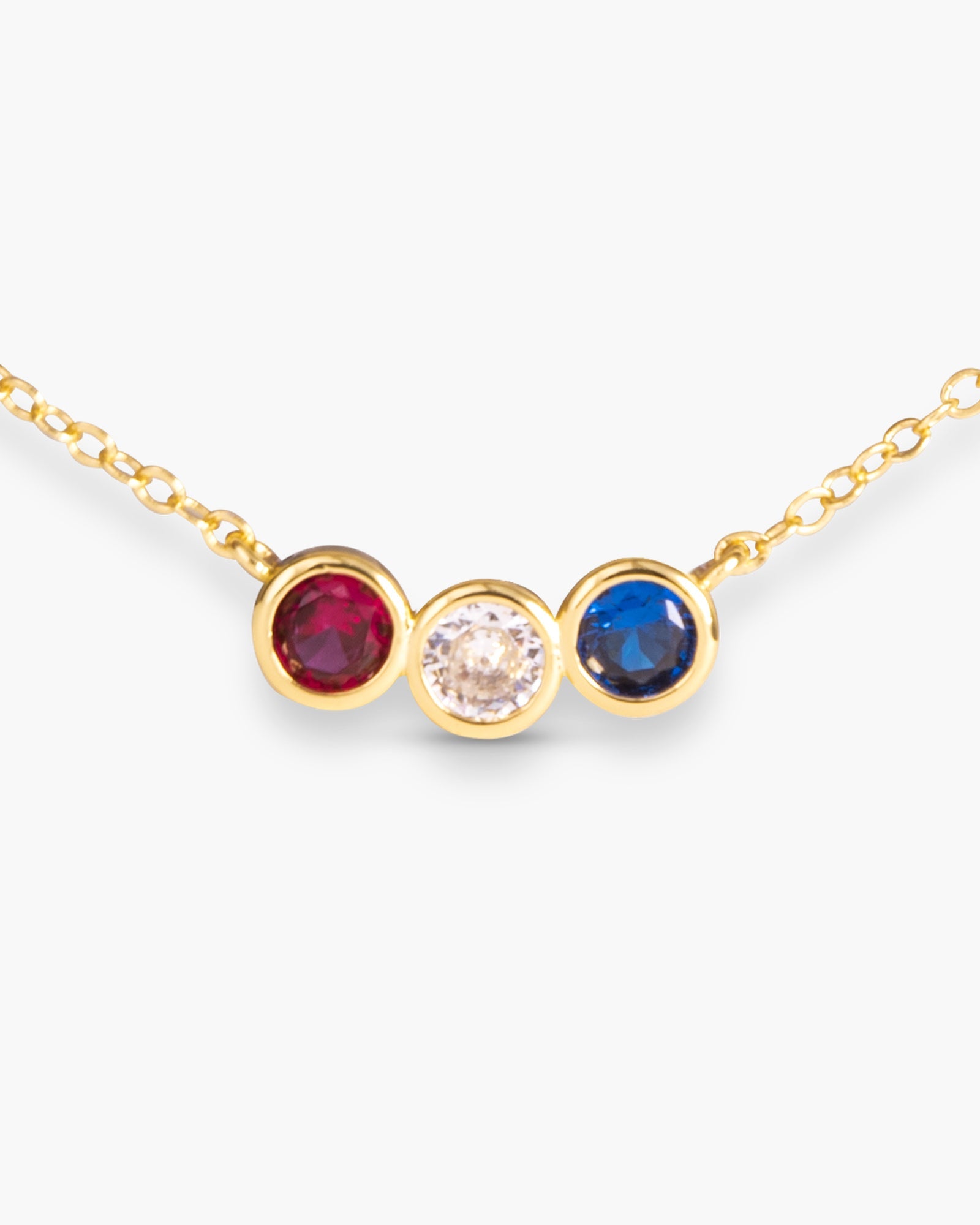 Gold Red White Blue Bezel Set CZ Triplet Necklace | 4th of July Jewelry