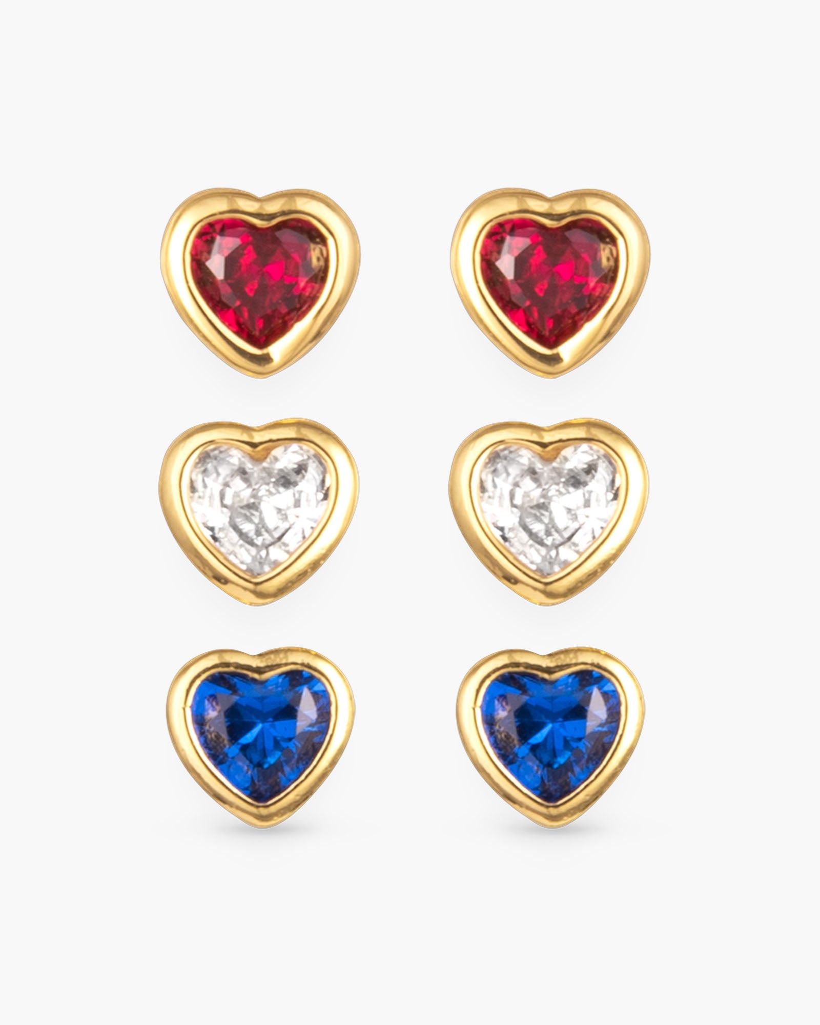 Gold Red White Blue CZ Hearts Stud Trio Earrings | 4th of July Jewelry