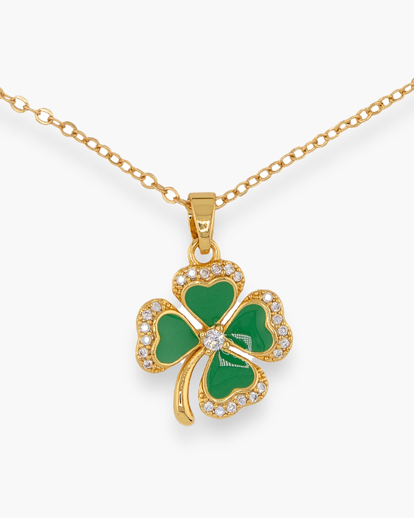 Gold CZ & Enamel 4 Leaf Clover Necklace
