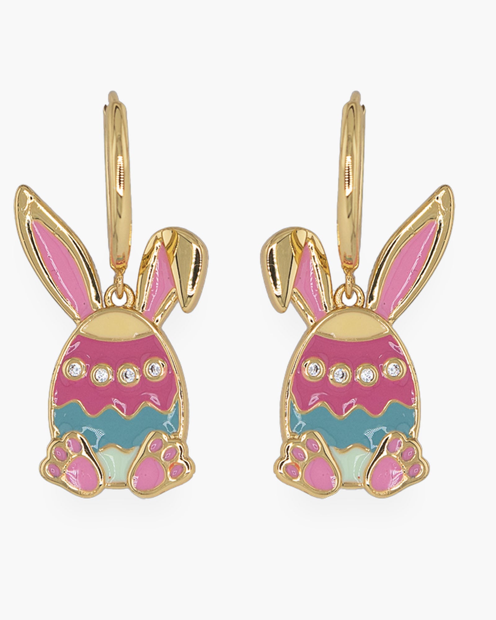 Gold CZ &  Enamel Bunny Egg Hoop Dangle Earrings