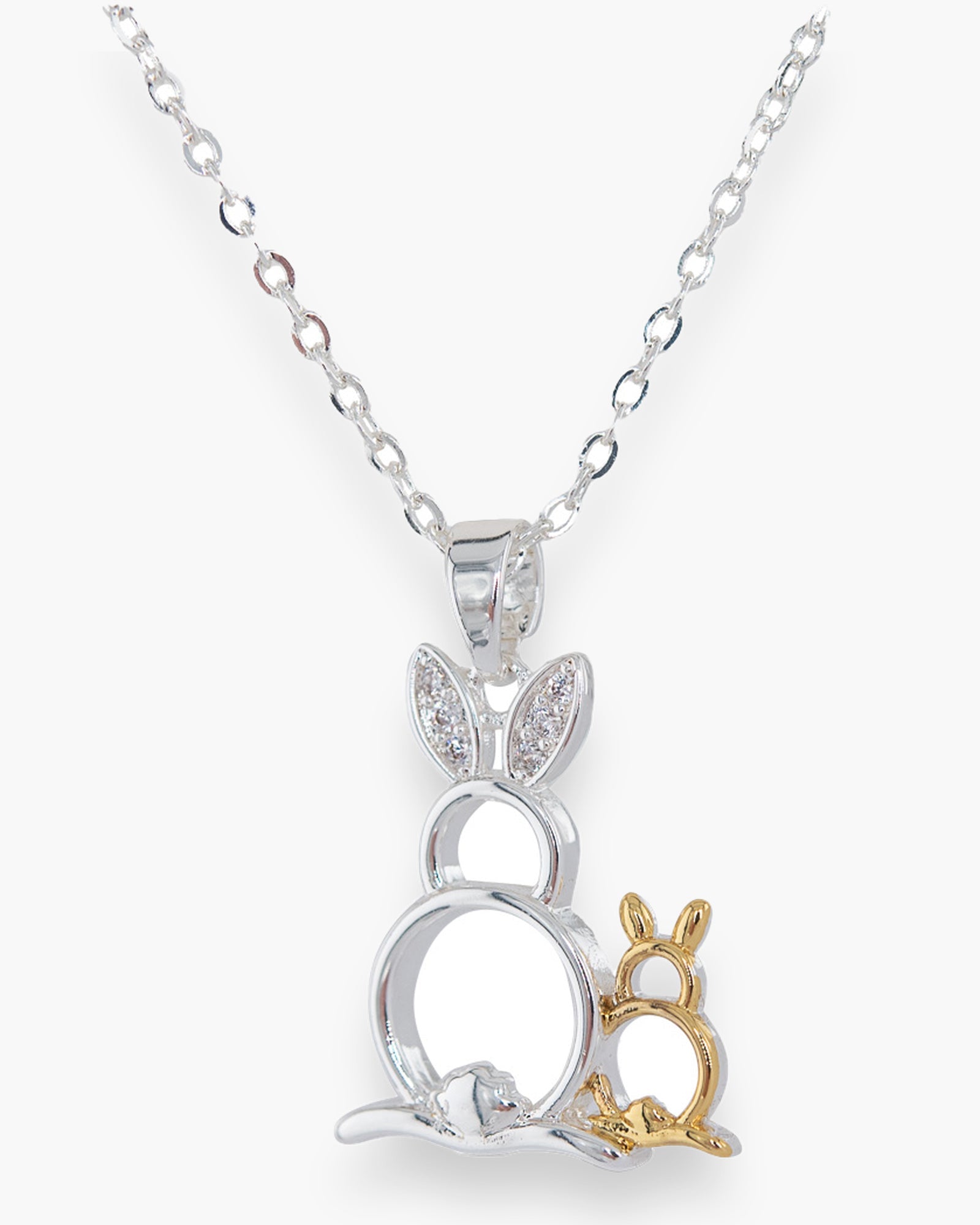 Silver CZ Two Toned 2 Rabbit Necklace