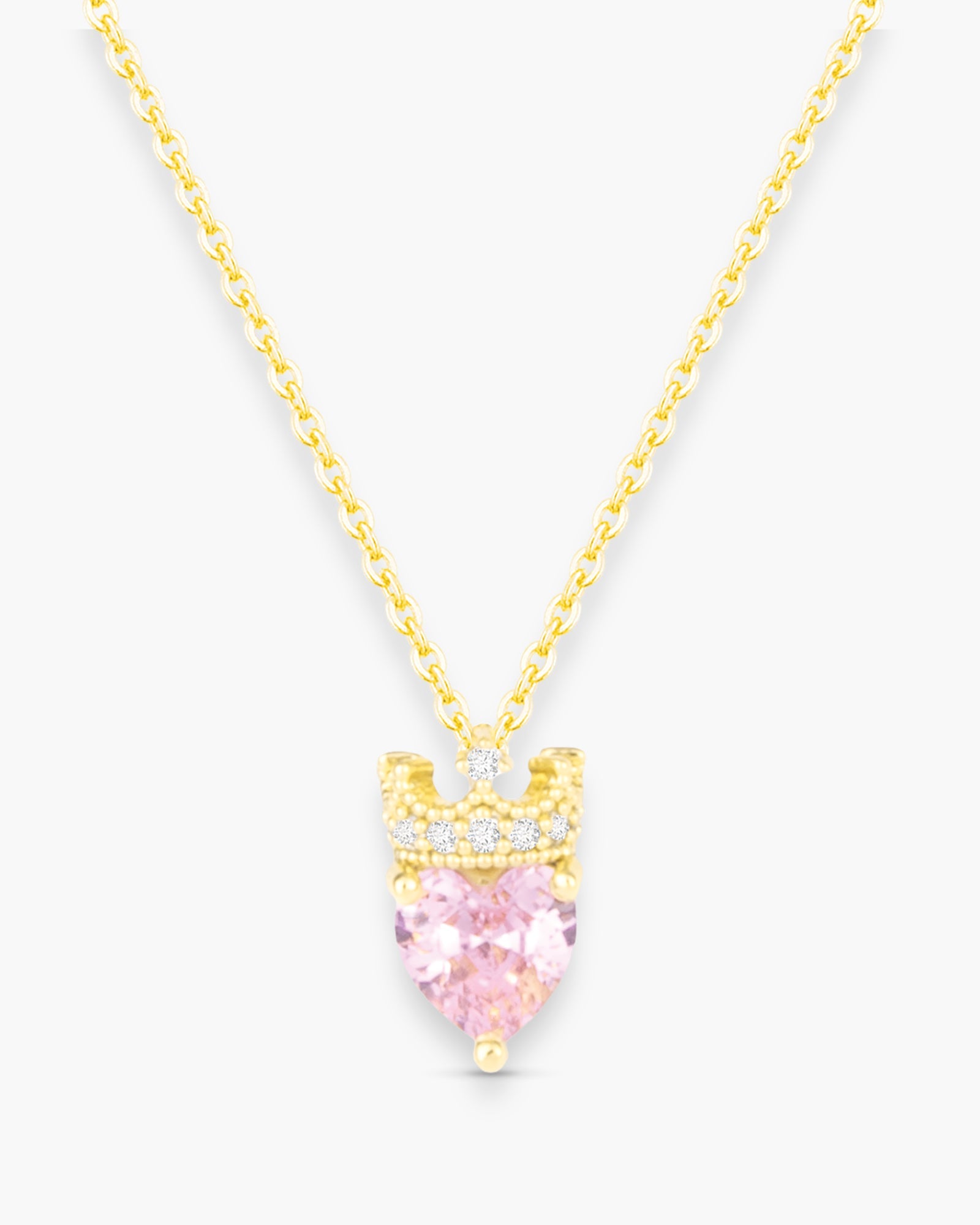 Gold CZ Pink Heart with Crown Necklace