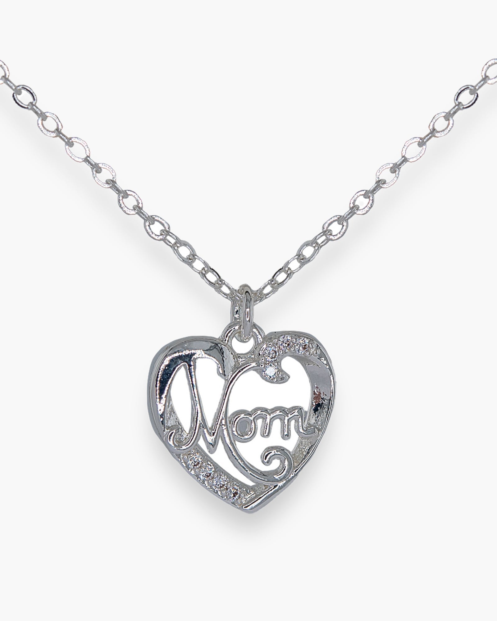 Silver CZ Mom Heart Necklace