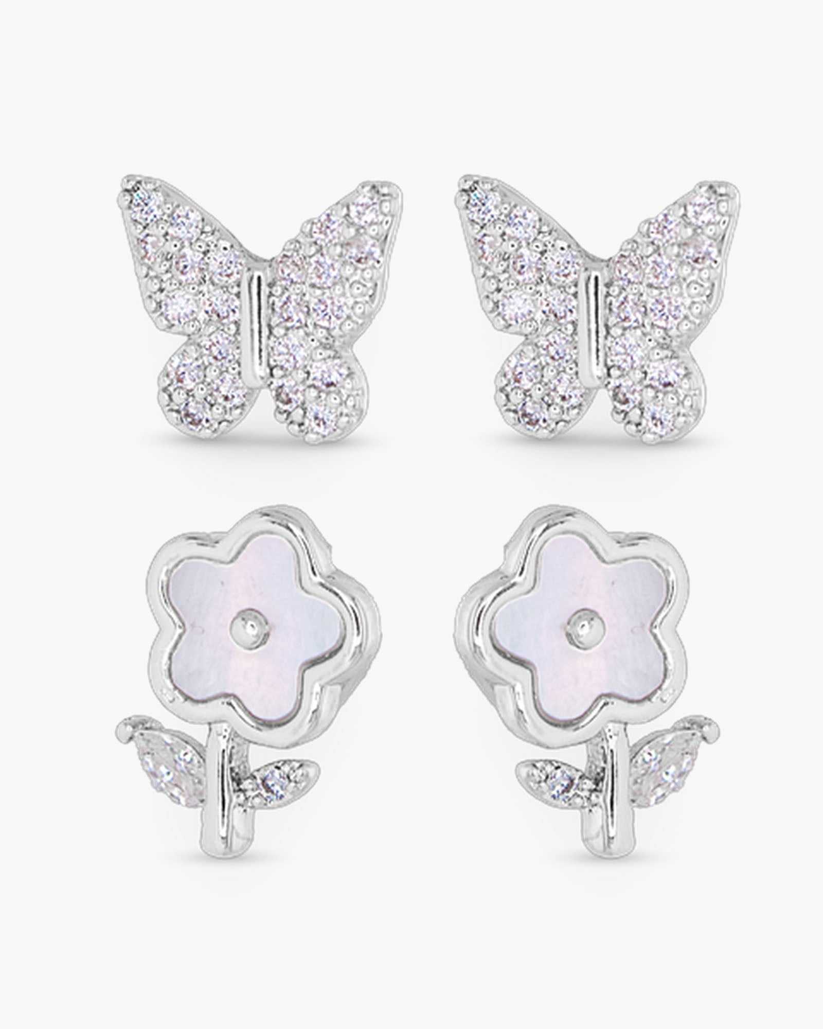 CZ & MOP Butterfly & Flower 2 Stud Earring Set