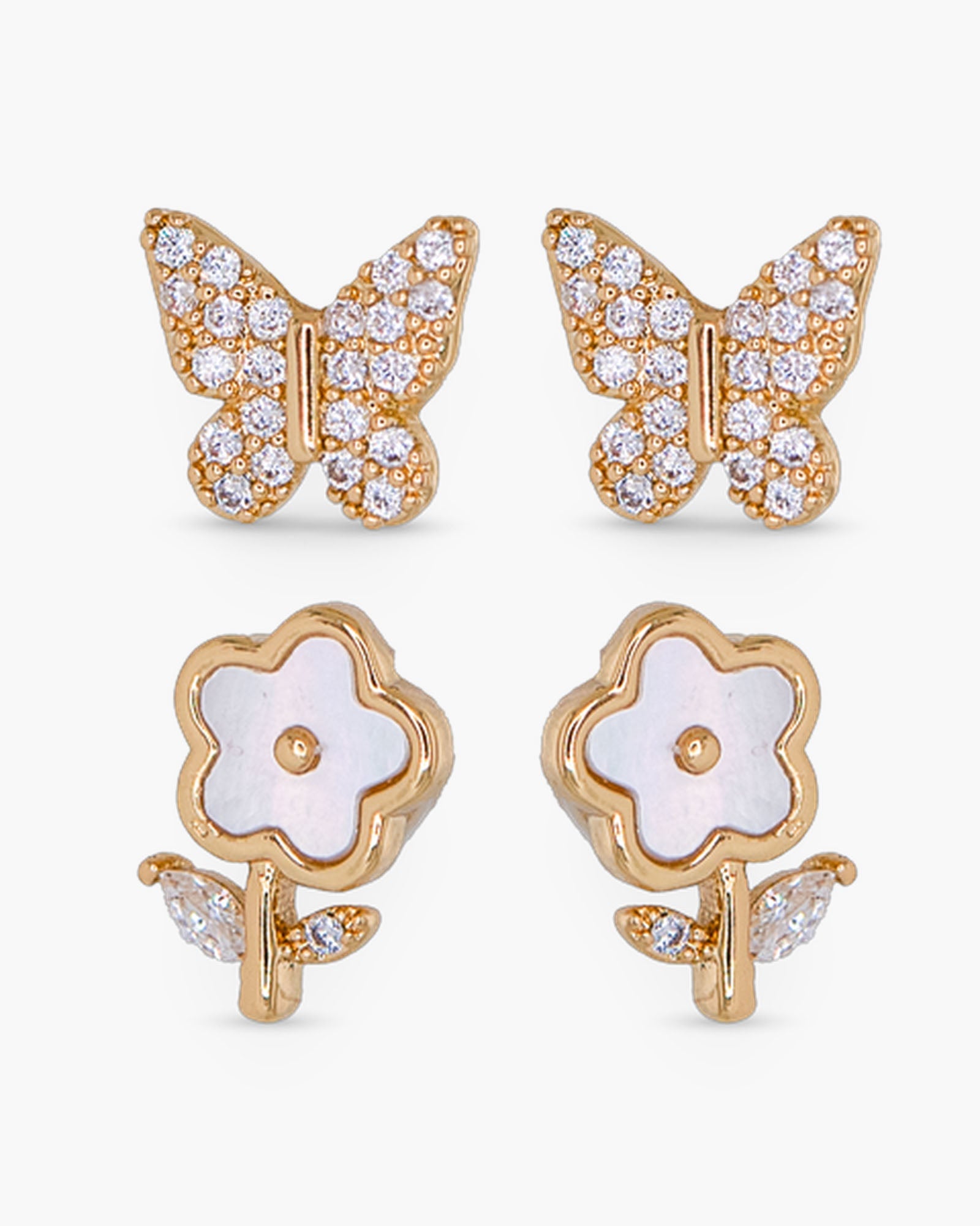 CZ & MOP Butterfly & Flower 2 Stud Earring Set