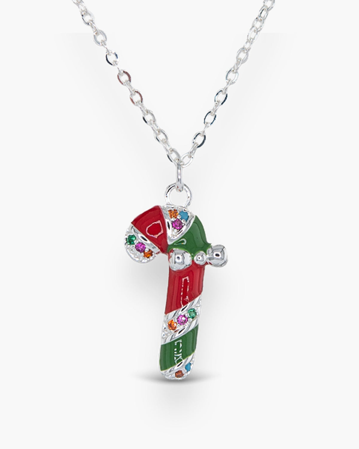 Silver CZ & Enamel Candy Cane Necklace