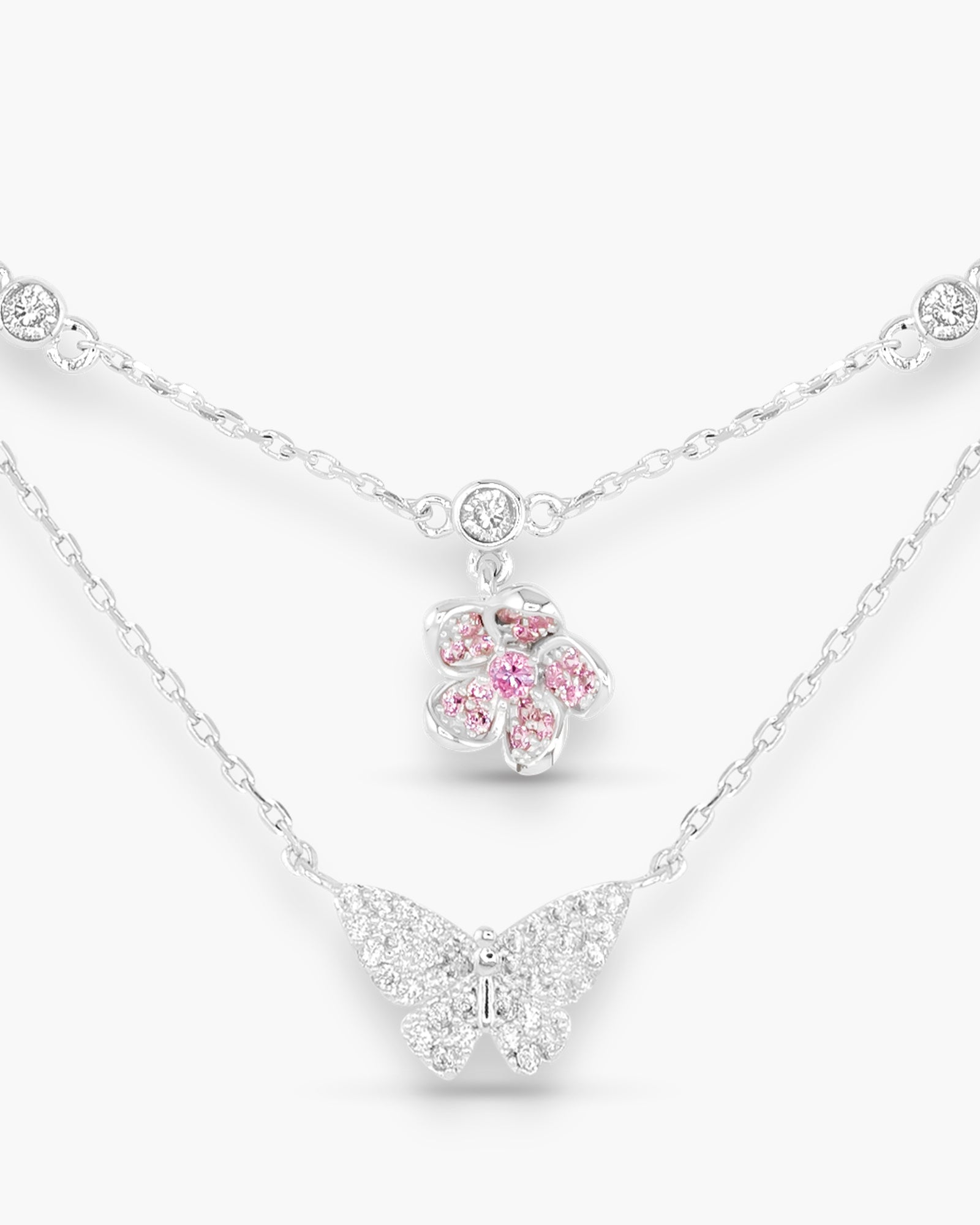 Butterfly & Flower Necklace - Silver
