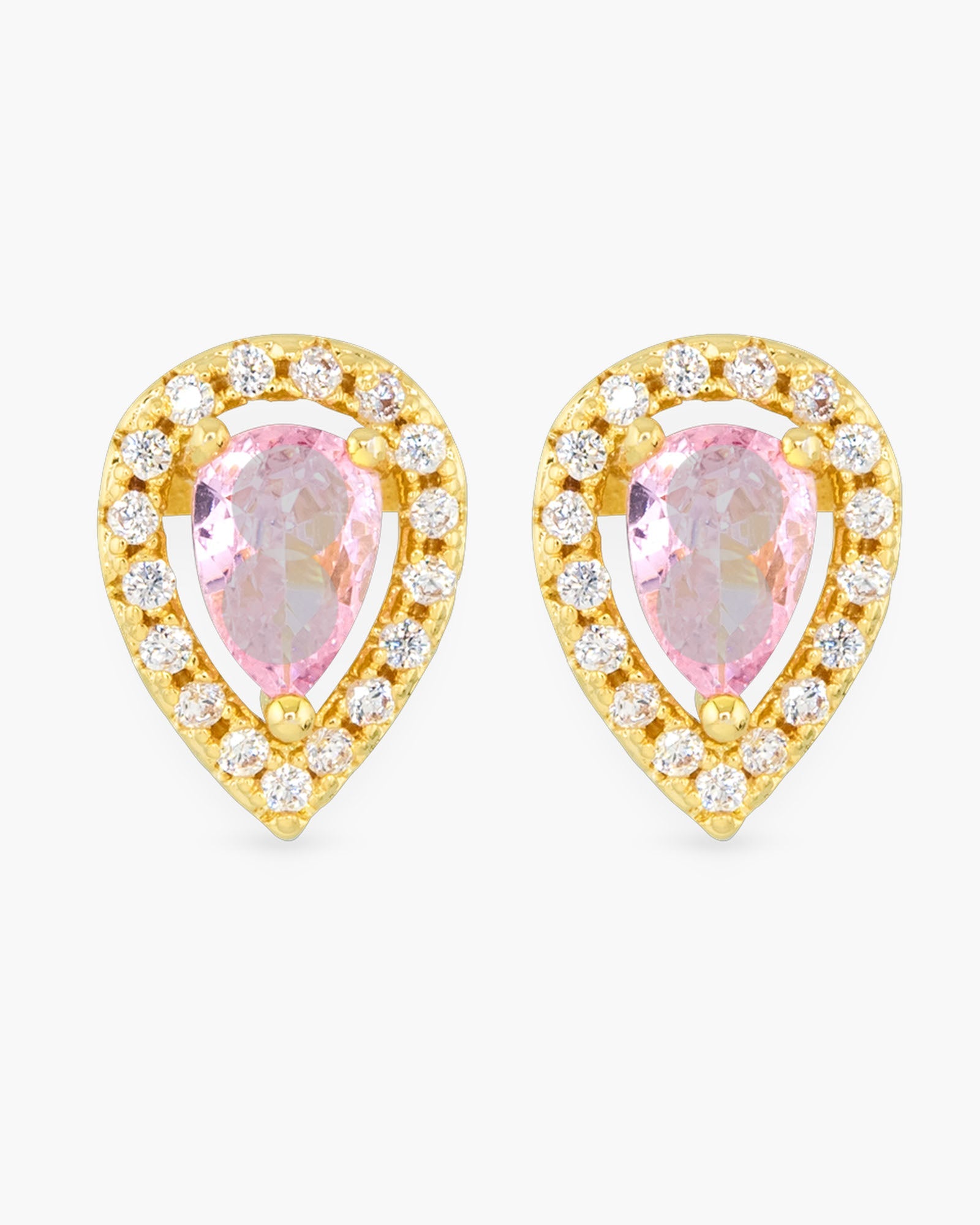 Pink Pear Halo Earring - Gold