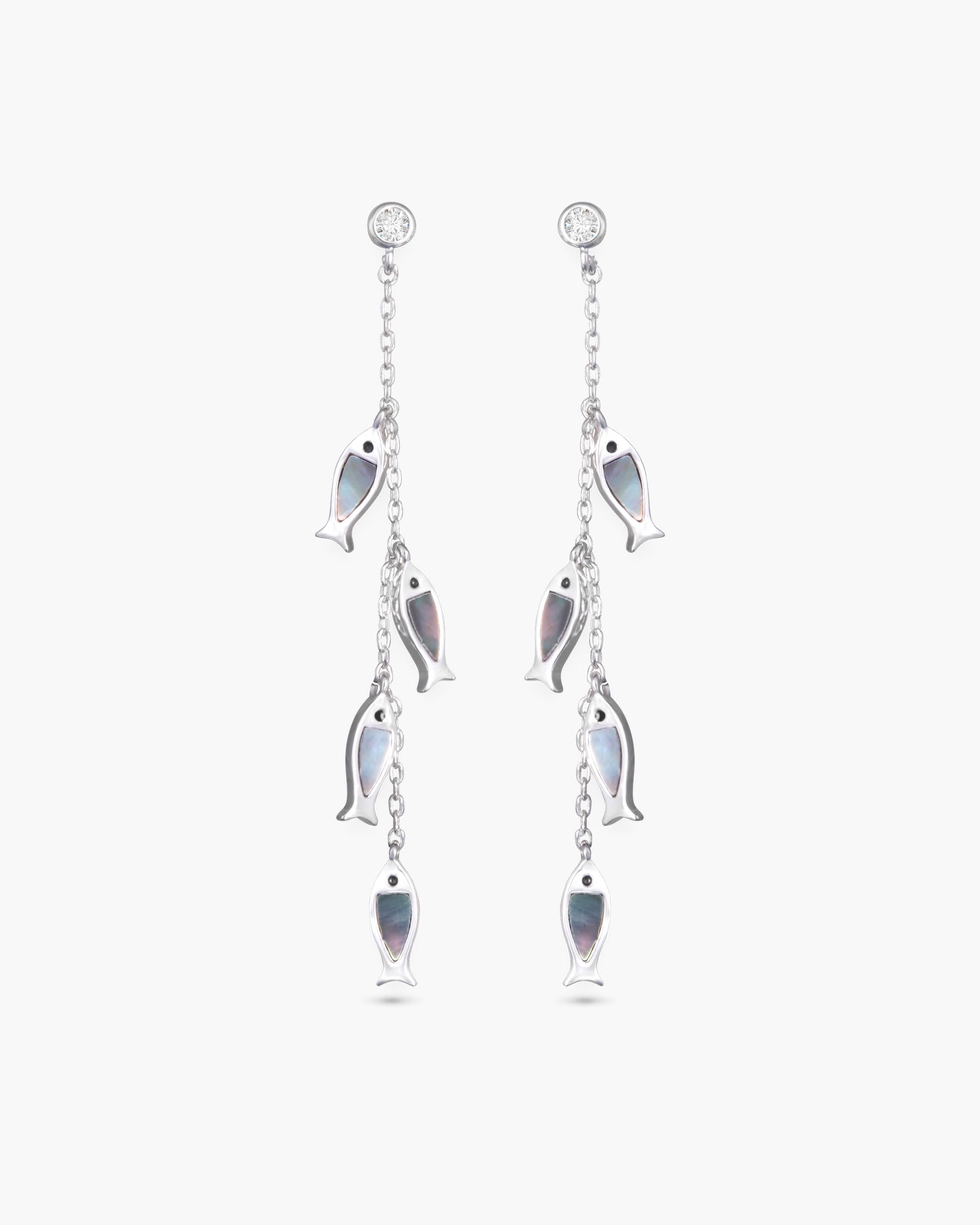 Grey Mother of Pearl Four Fish Chain Drop Earrings - Silver