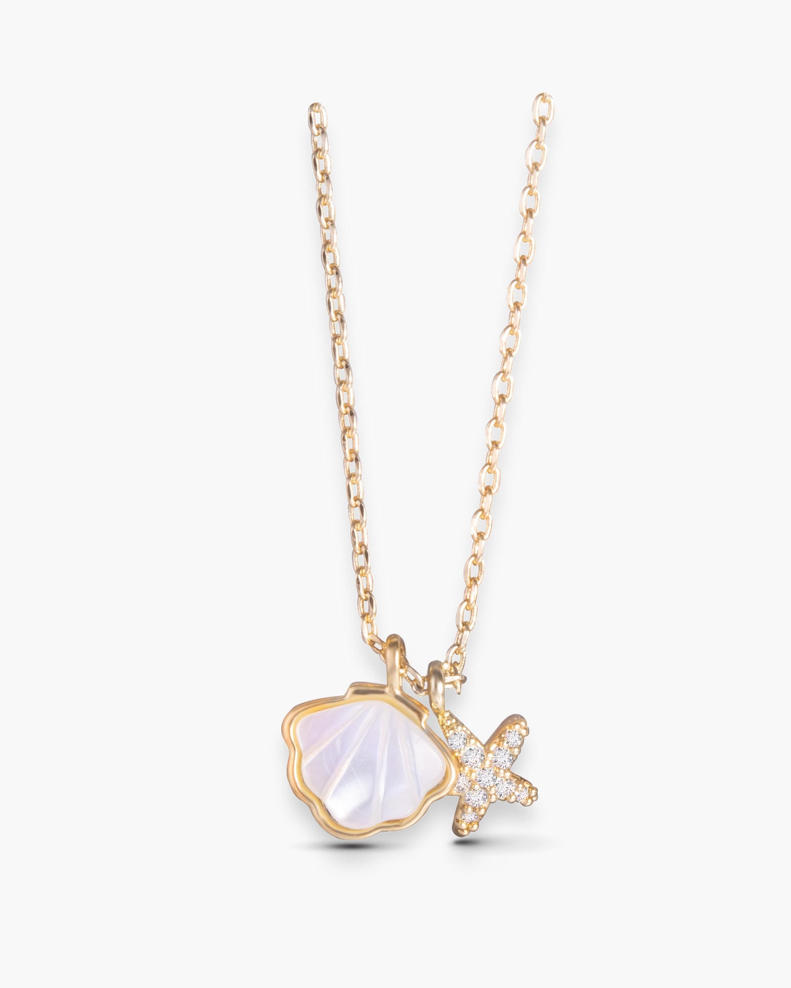 Mother of Pearl Seashell and CZ Starfish Necklace - Gold