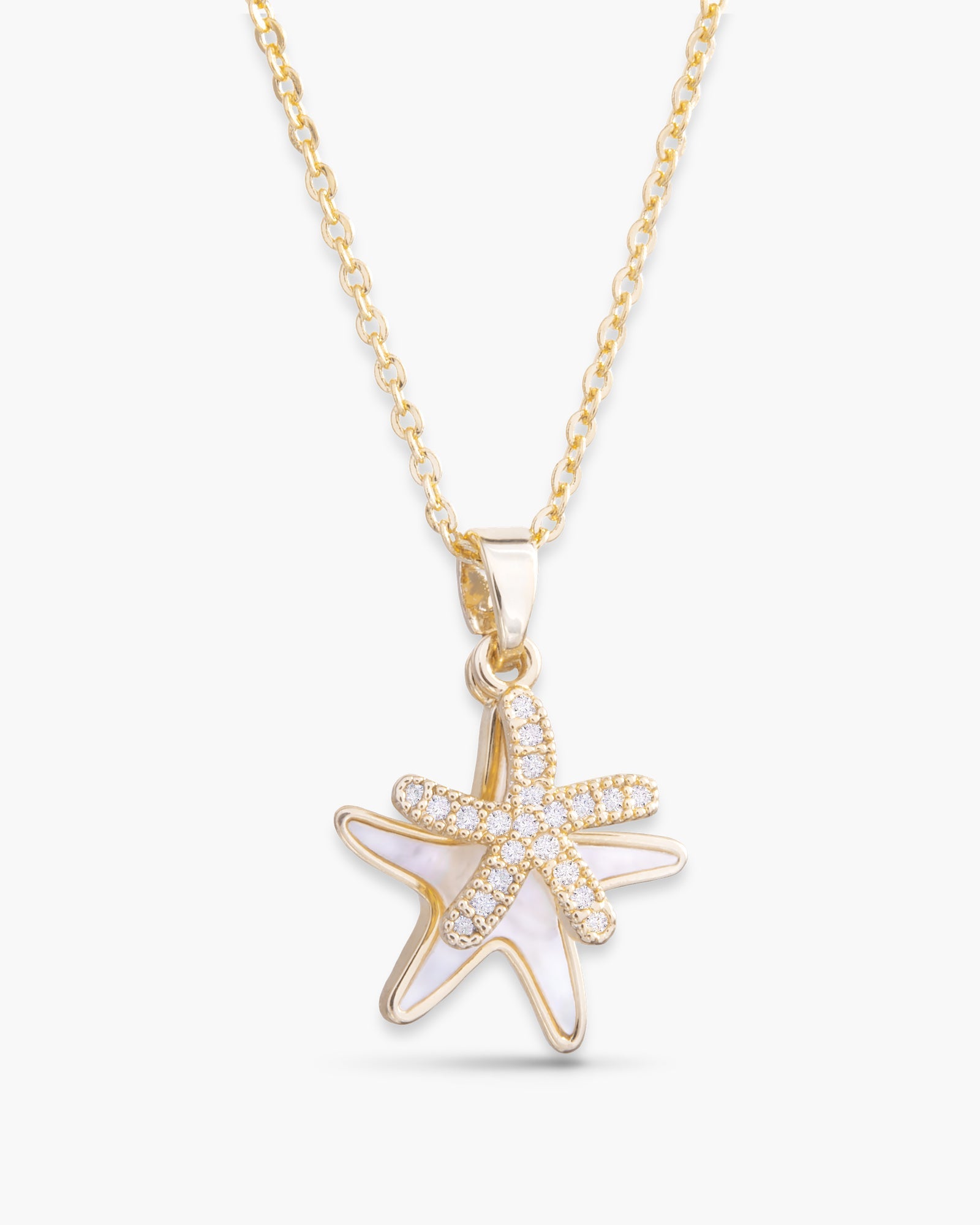 Mother of Pearl and CZ Double Starfish Necklace - Gold