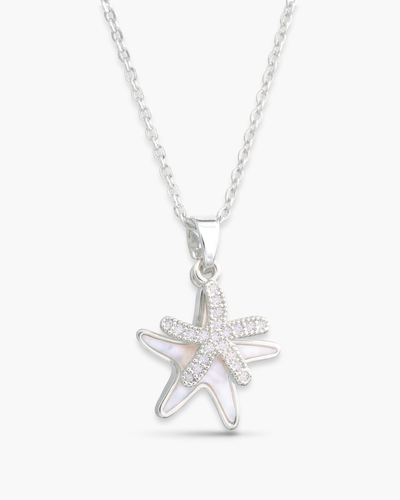 Mother of Pearl and CZ Double Starfish Necklace - Silver