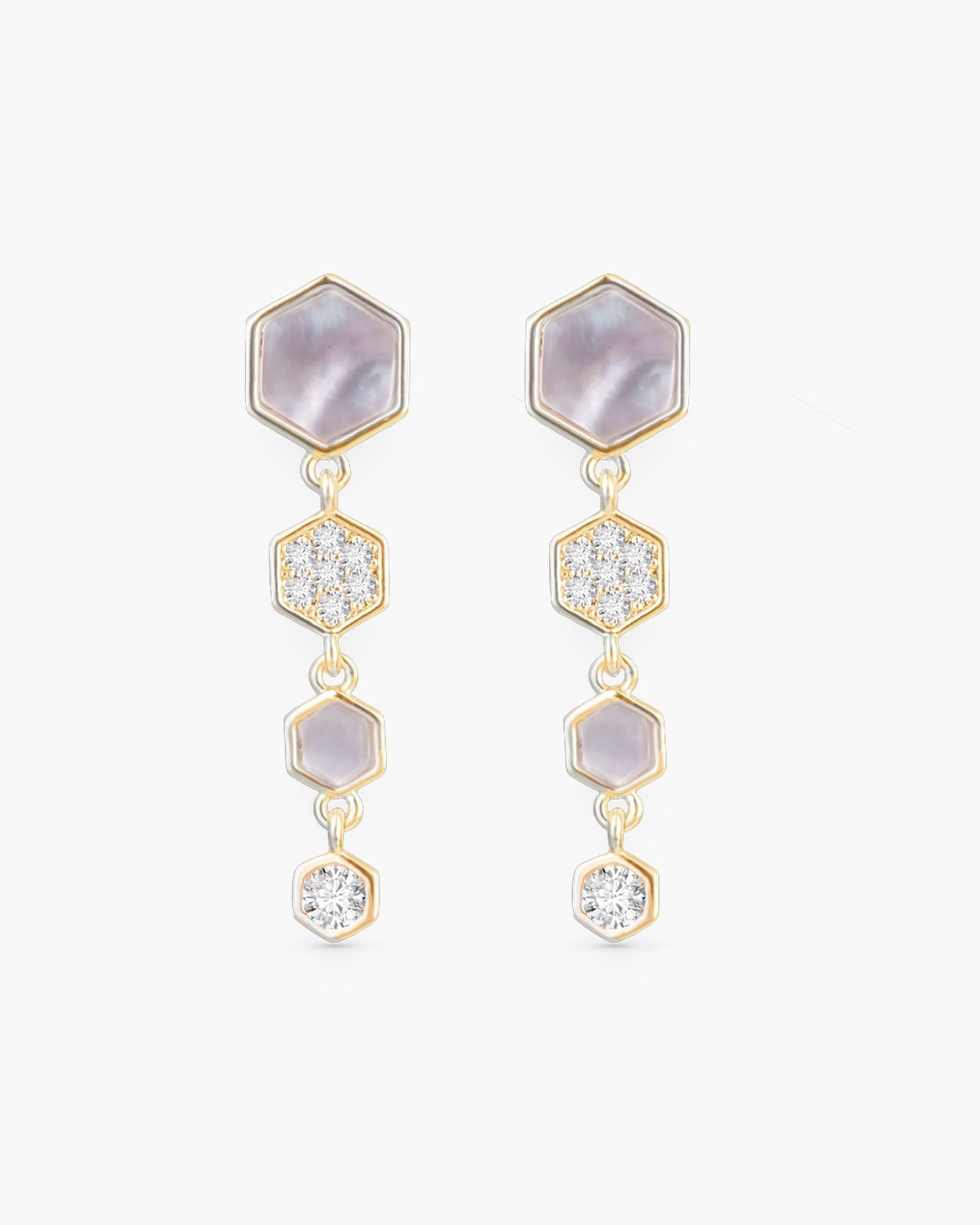 Mother of Pearl and CZ Hexagon Drop Earrings - Gold