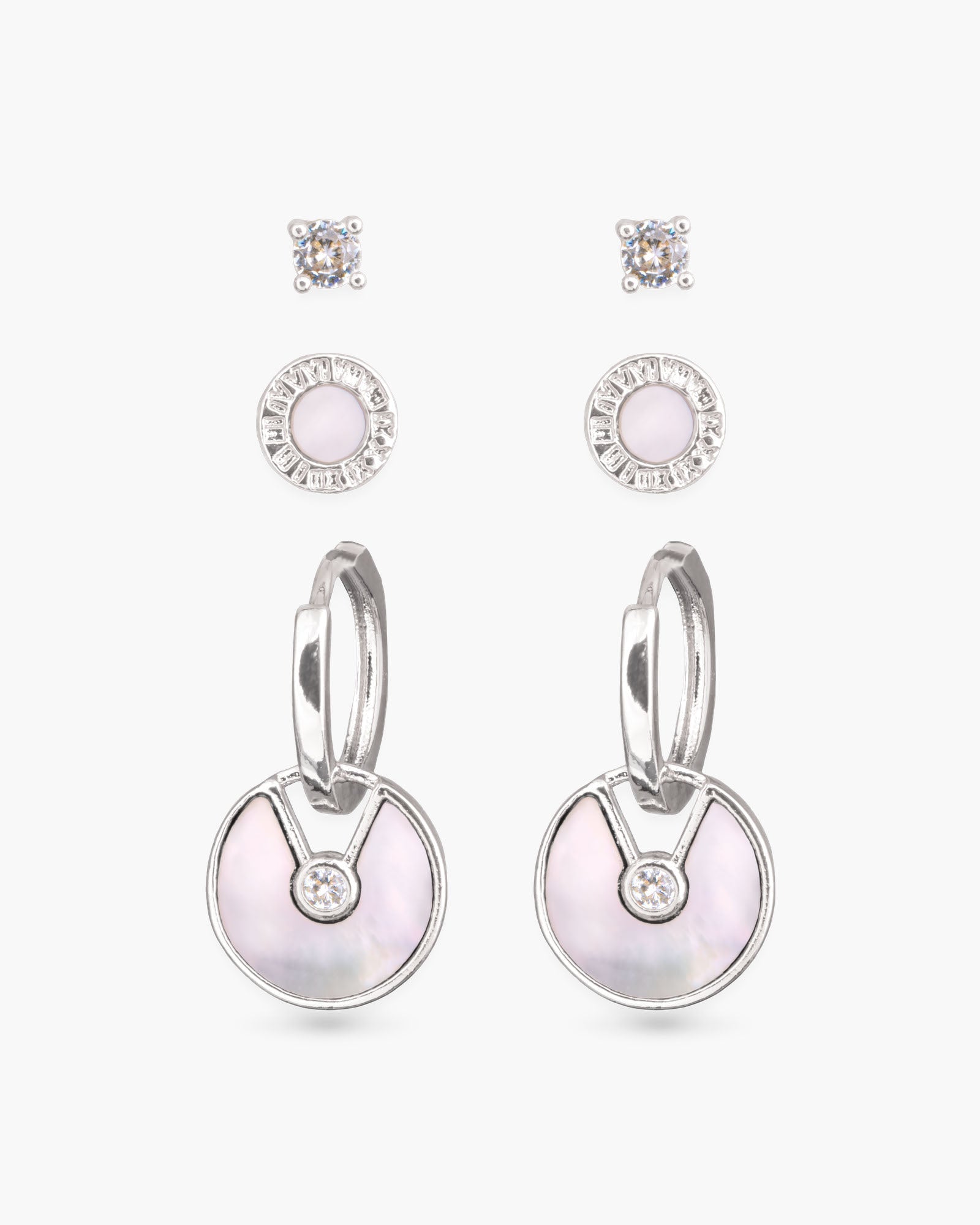 Mother of Pearl and CZ Trio Earring Set - Silver