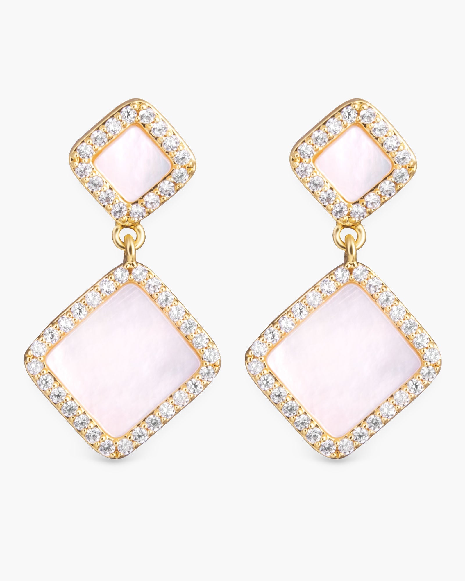 Mother of Pearl and CZ Double Diamond Shaped Drop Earrings - Gold