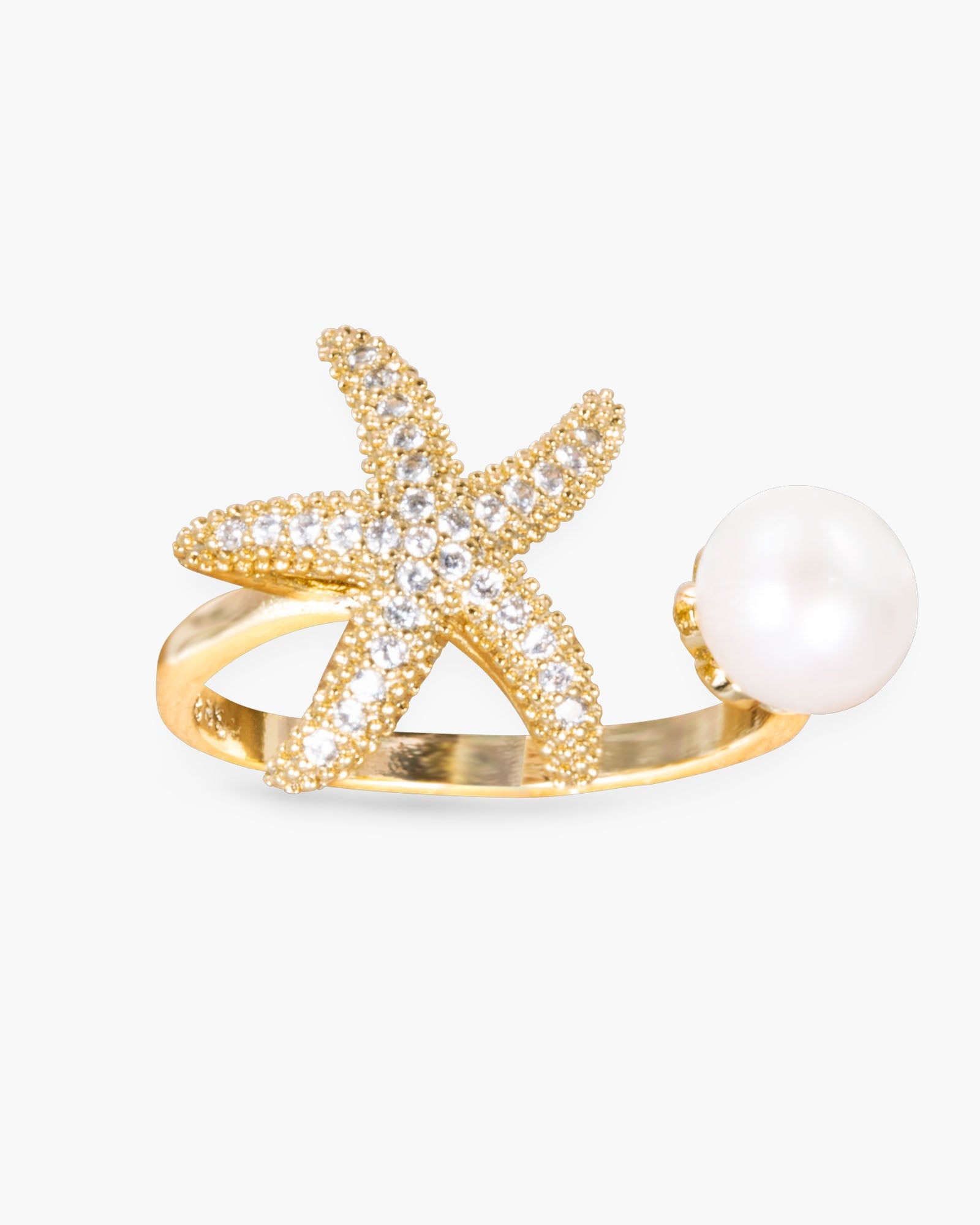 CZ Starfish and Pearl Open Ring - Gold