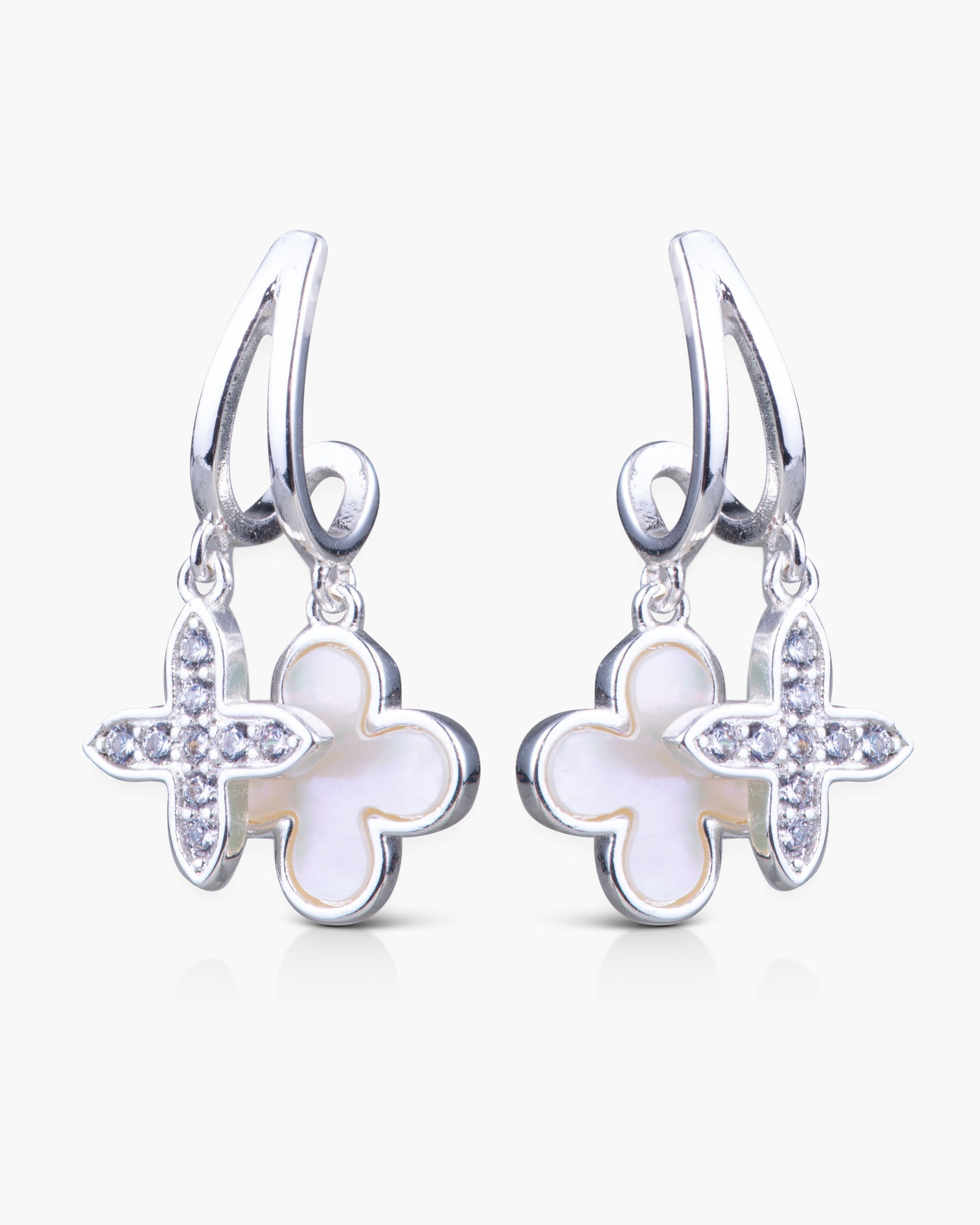 CZ/Mother of Pearl Double Quatrefoil Earrings - Silver