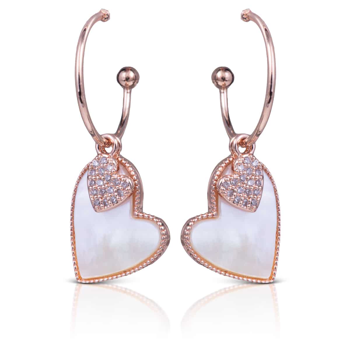 CZ Mother of Pearl Dangle Hearts Earrings - Rose Gold