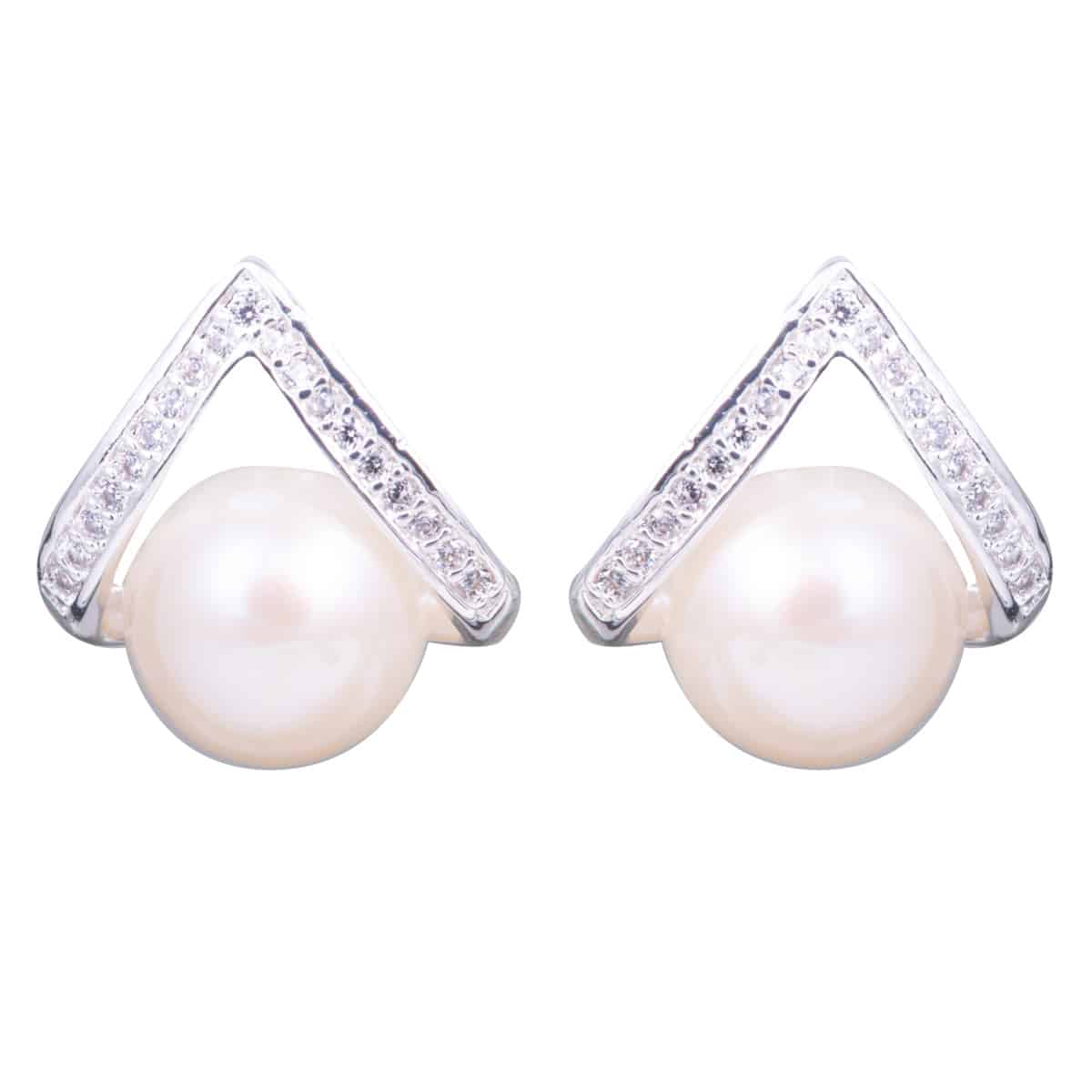Split CZ Pearl Set Stud Earrings - Silver / Natural White