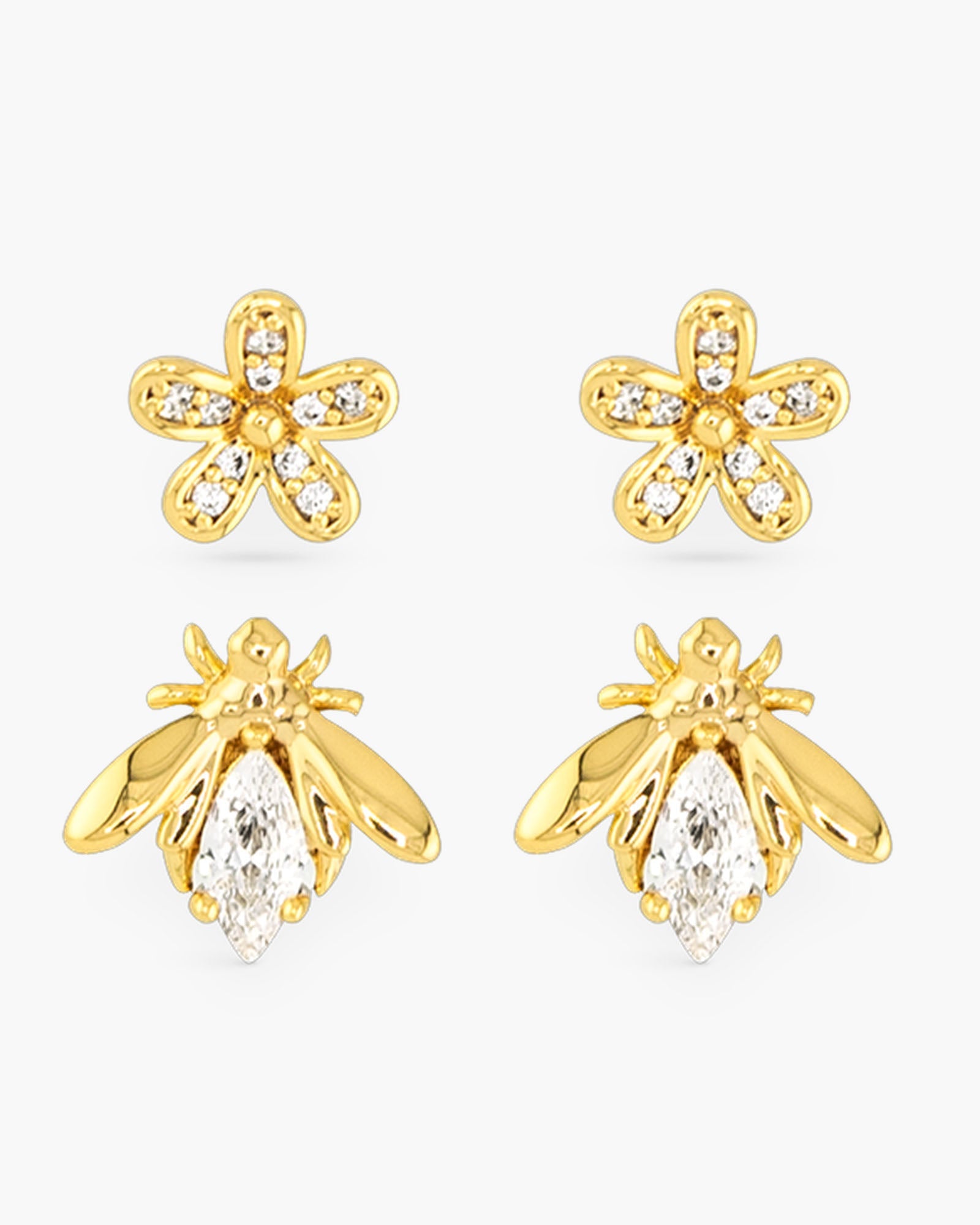 Flower and Bee duo Gold Duo Earrings
