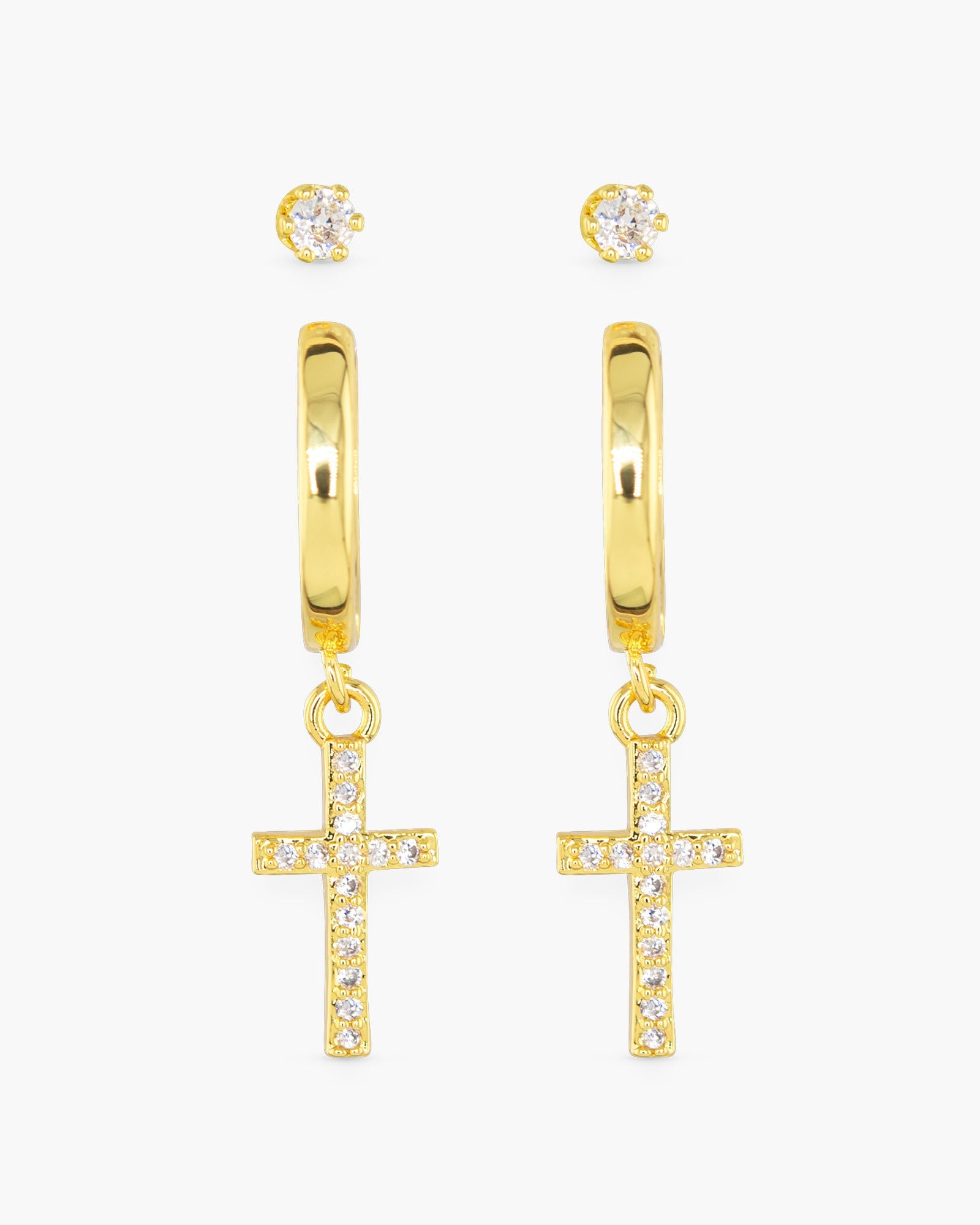 Gold Cross & Stud Duo Earrings