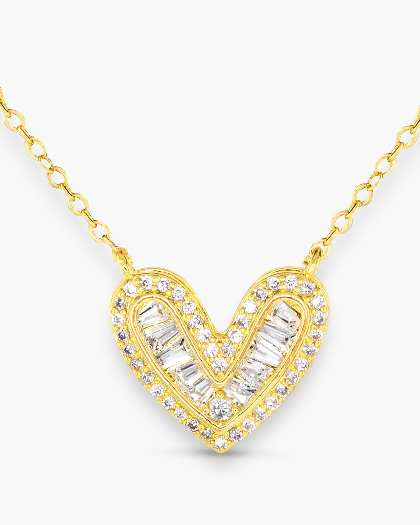 Gold Heart Necklace with Baguette CZ