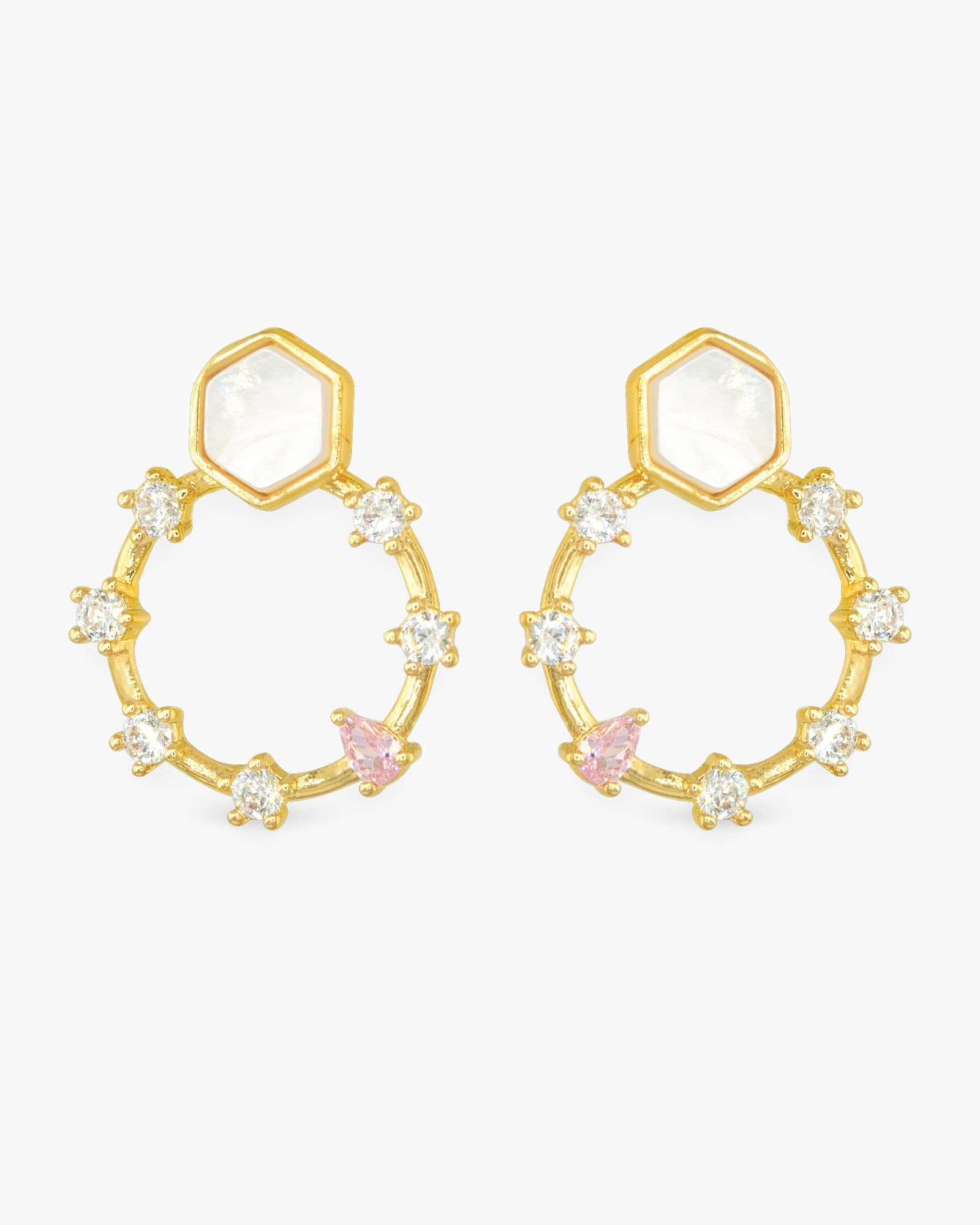 Gold CZ & MOP Flat Disk Earrings