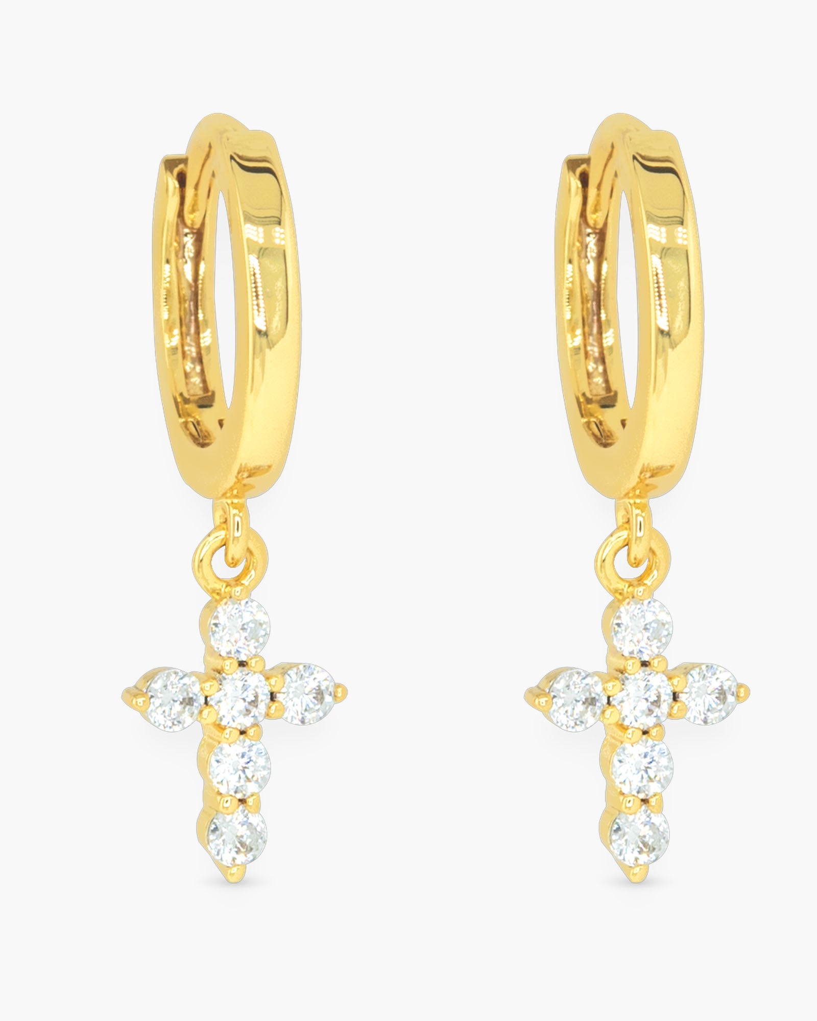 Gold CZ Mini Cross Hoop Earrings
