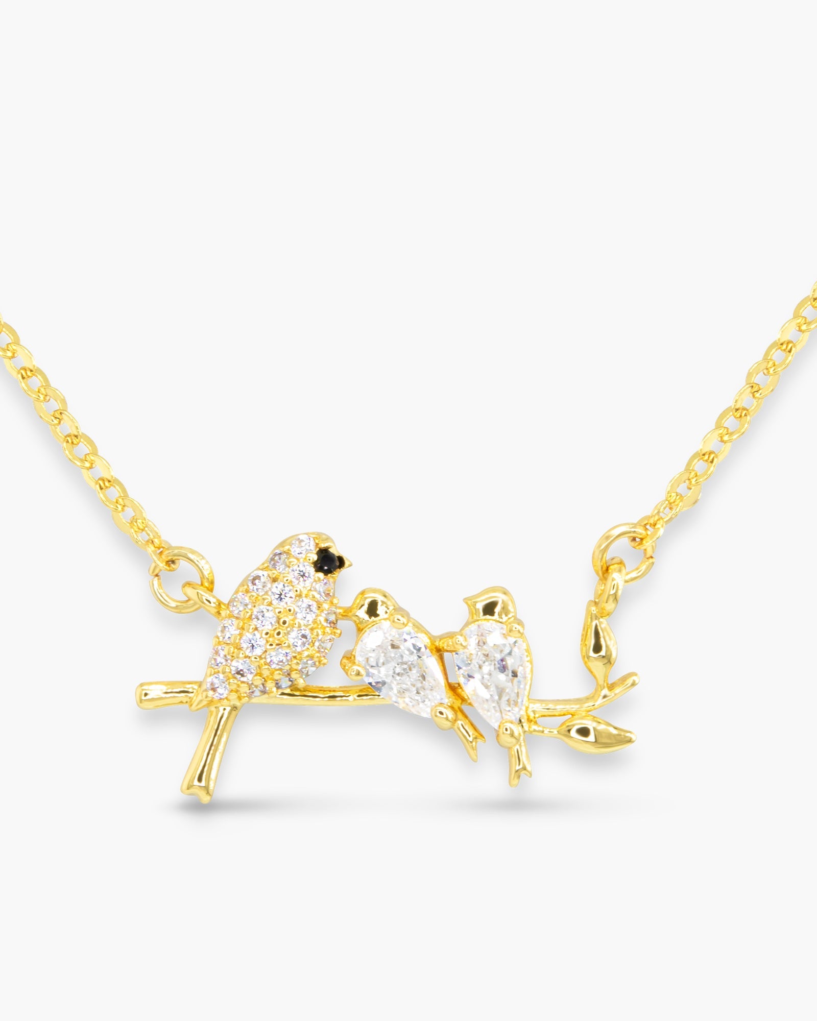 Gold CZ Three Birds on a Branch Necklace