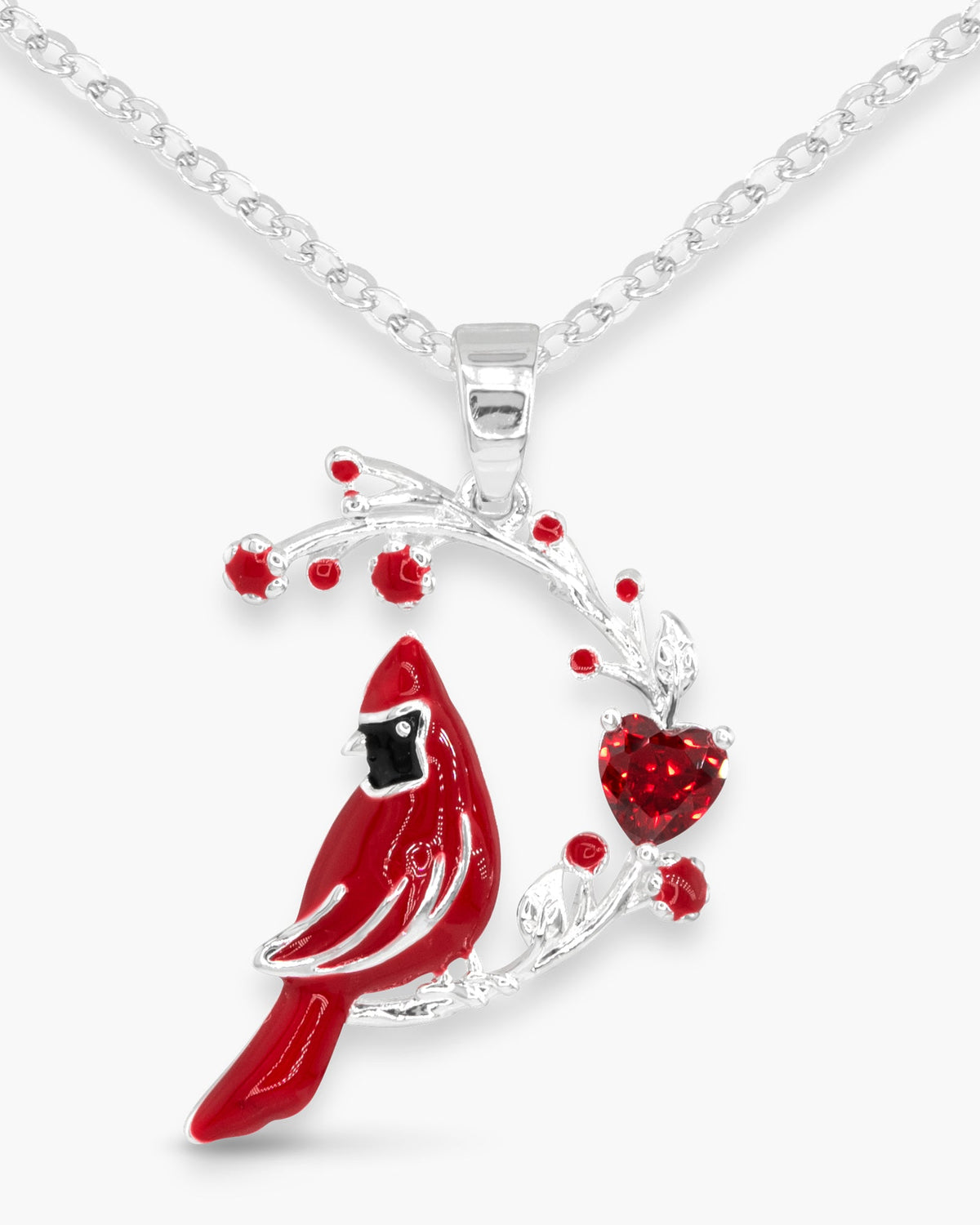 Silver CZ Cardinal on Branch Necklace