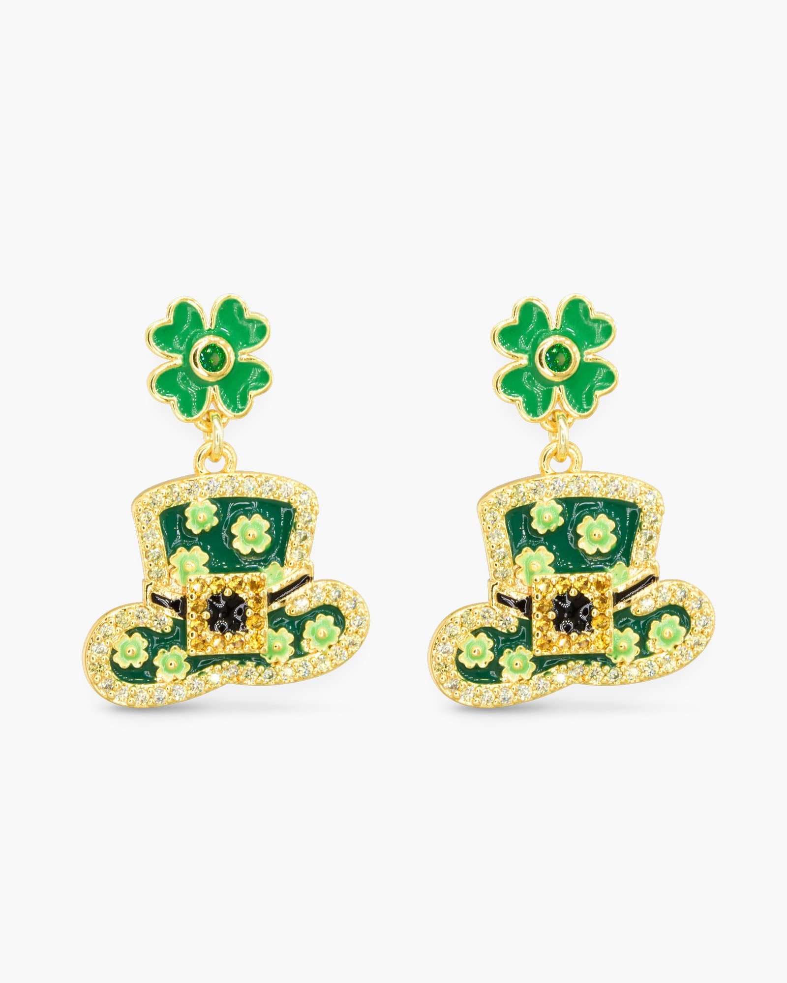 Gold CZ Green Hat and Clover Earrings