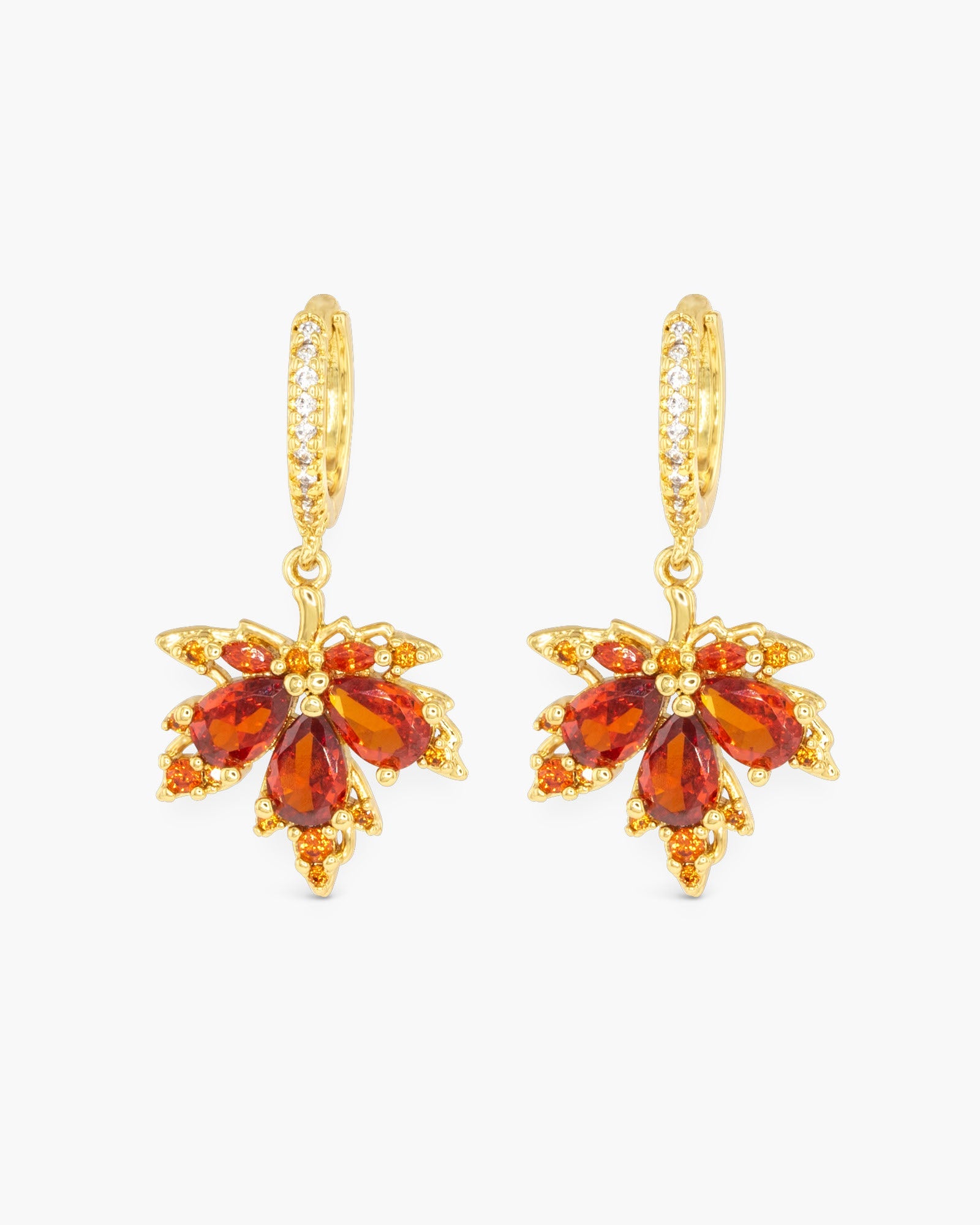 Gold CZ Orange Fall Leaf Earrings