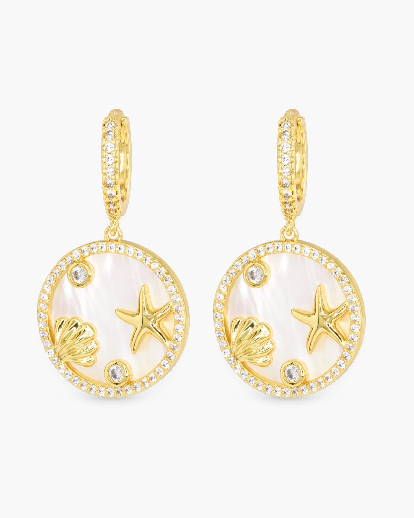 Gold CZ & MOP Coastal Disk Hoop Earrings