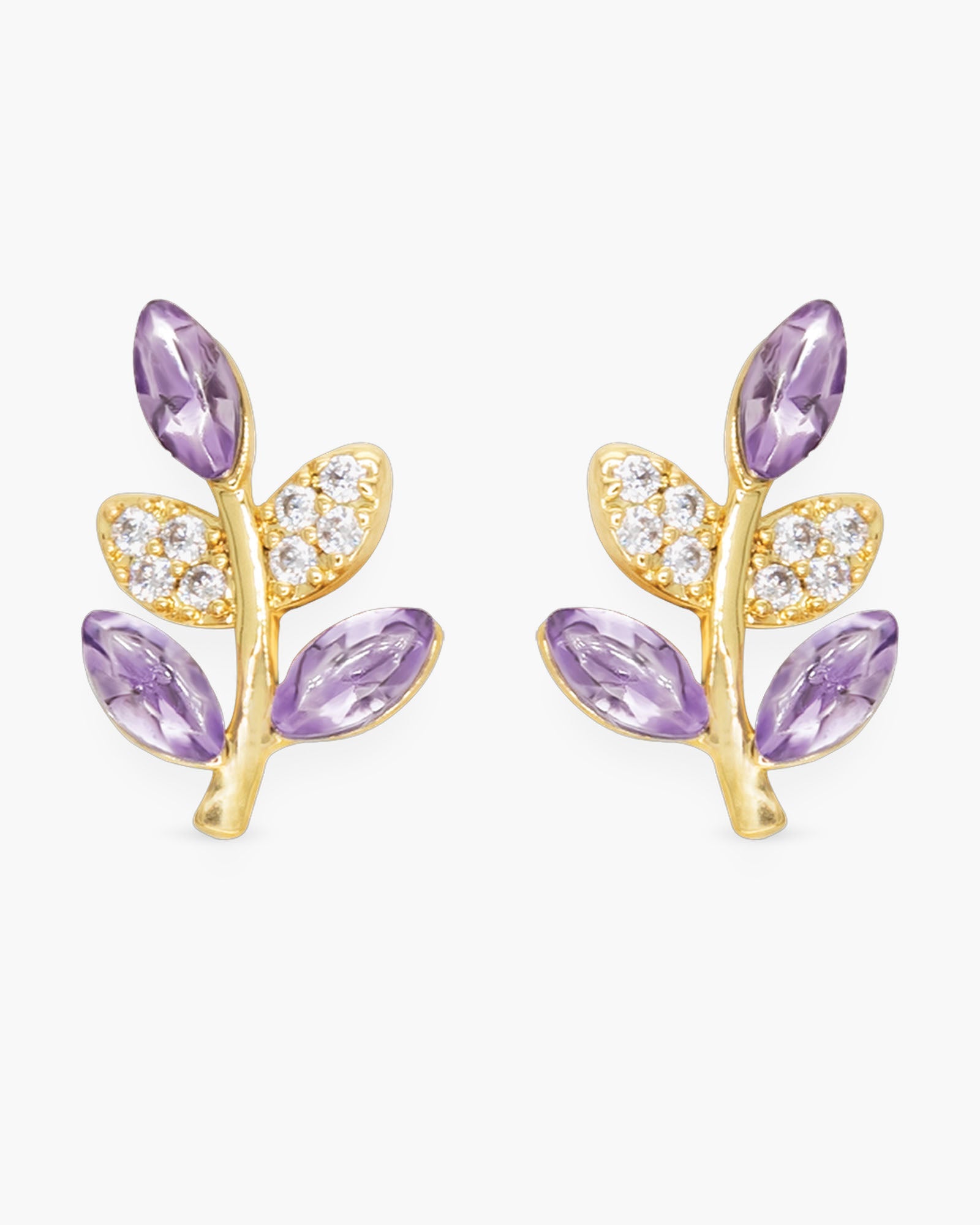 Gold CZ Lilac Leaf Earrings