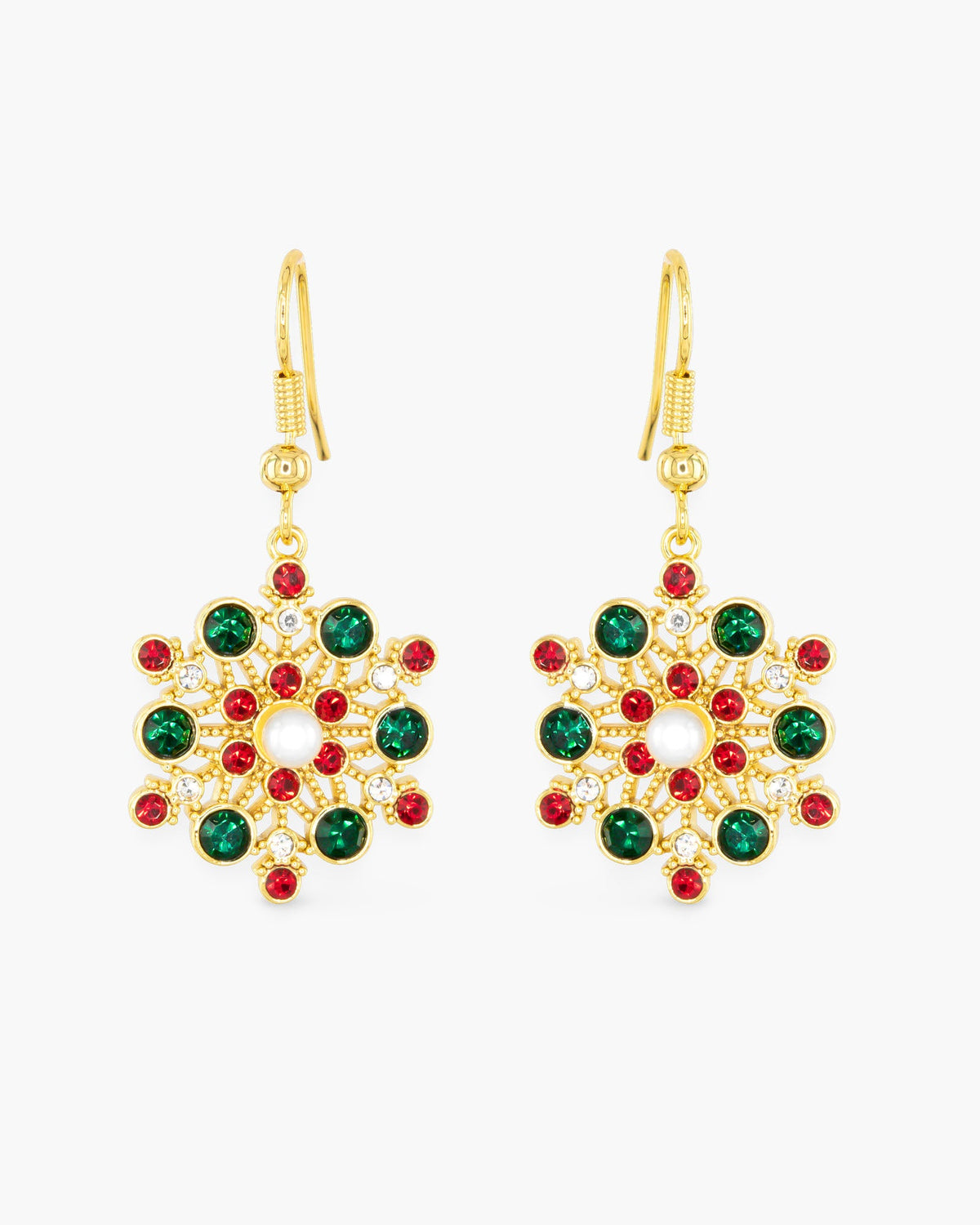 Gold CZ Red and Green Snowflake Earrings