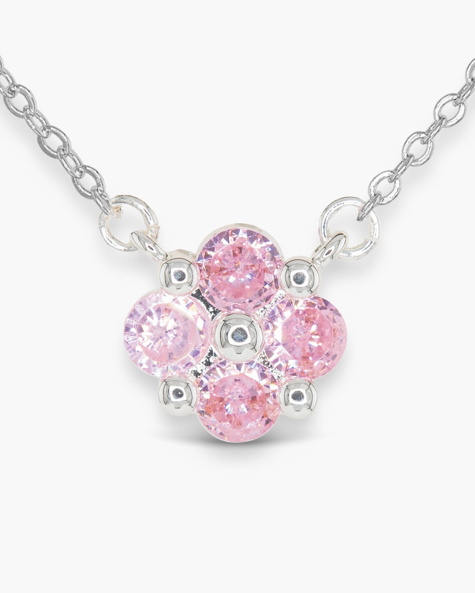 Silver CZ Pink Clover Necklace