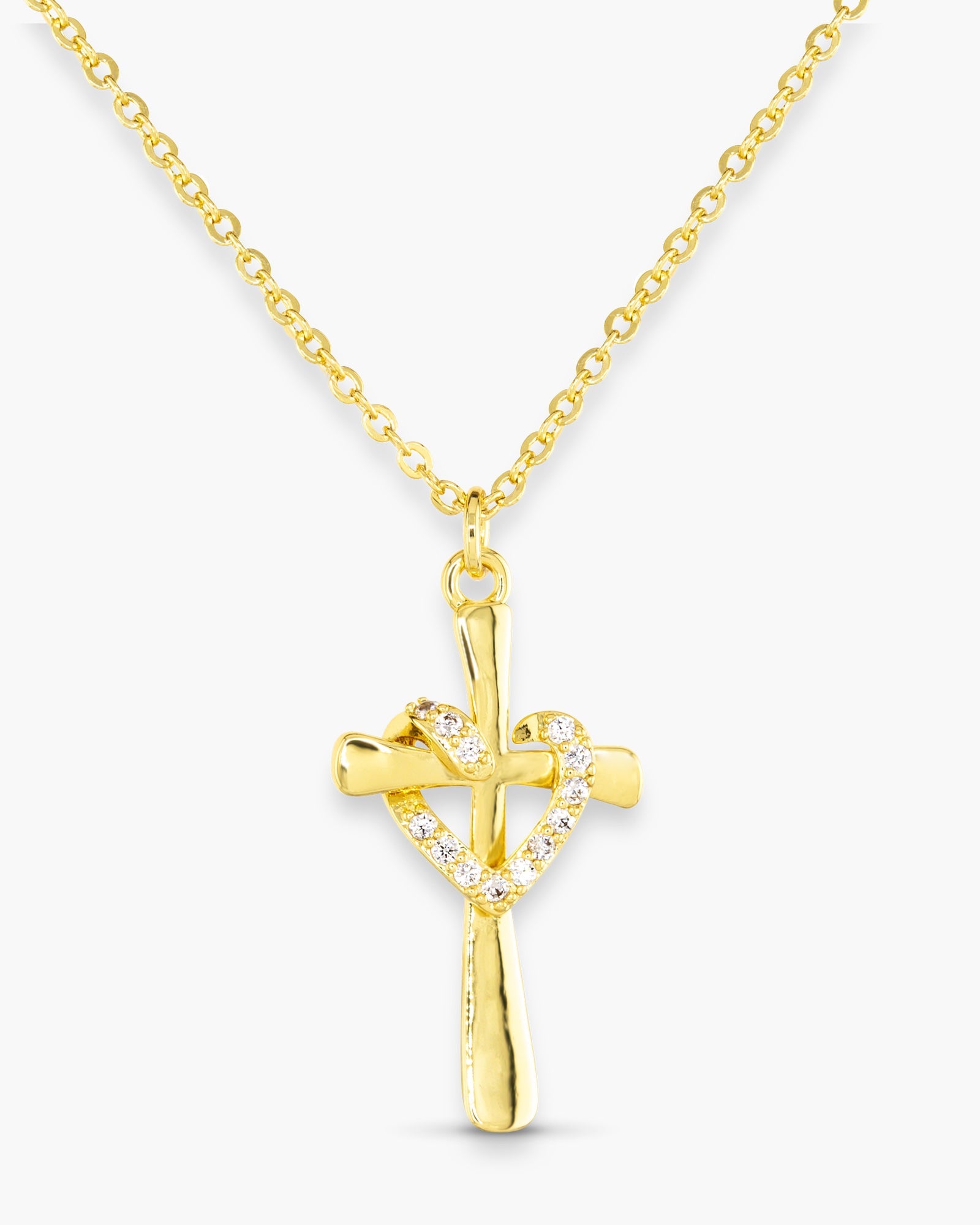 Gold CZ Cross Heart Necklace