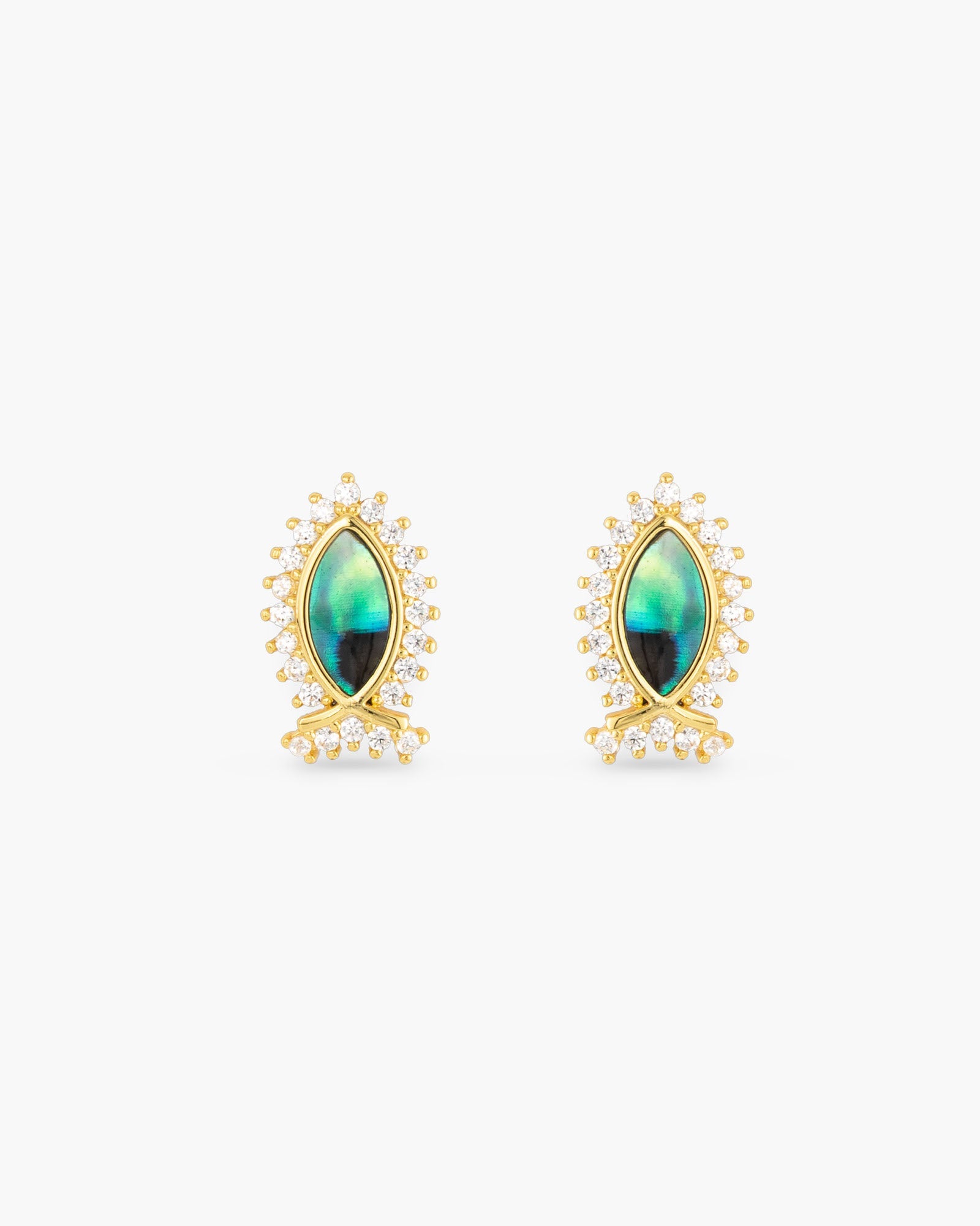Gold Abalone & CZ Blue Fish Earrings