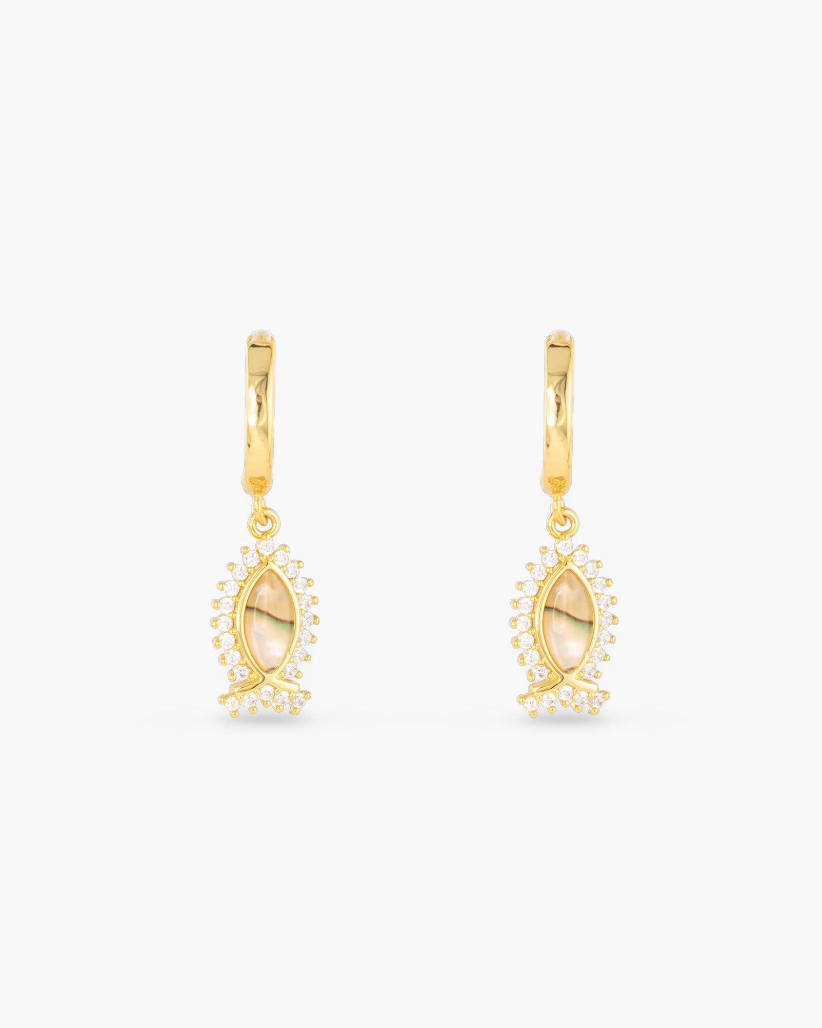 Gold Abalone & CZ Tan Fish Drop Earrings