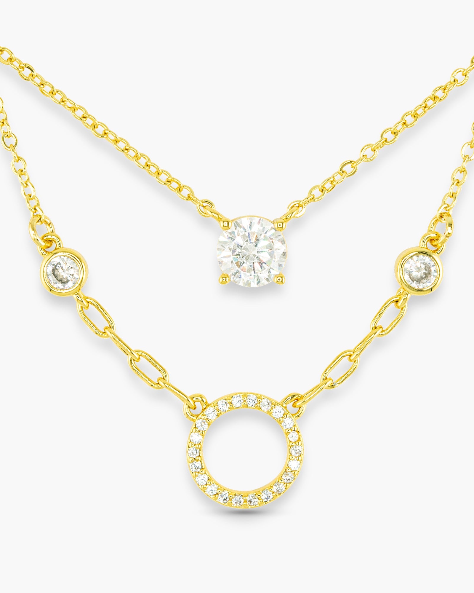 Gold CZ Dual Solitaire and Circle Necklace